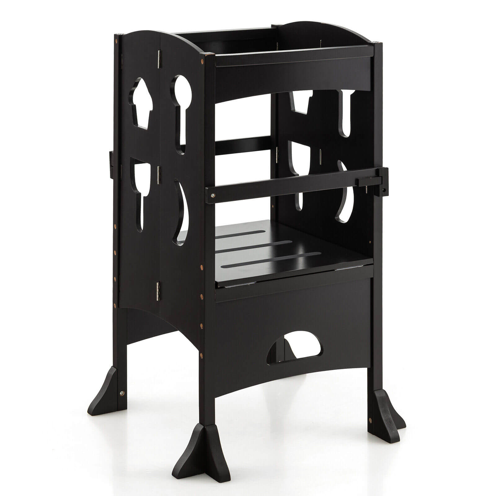 Folding Wooden Step Stool with Lockable Safety Rail for Toddlers -Coffee