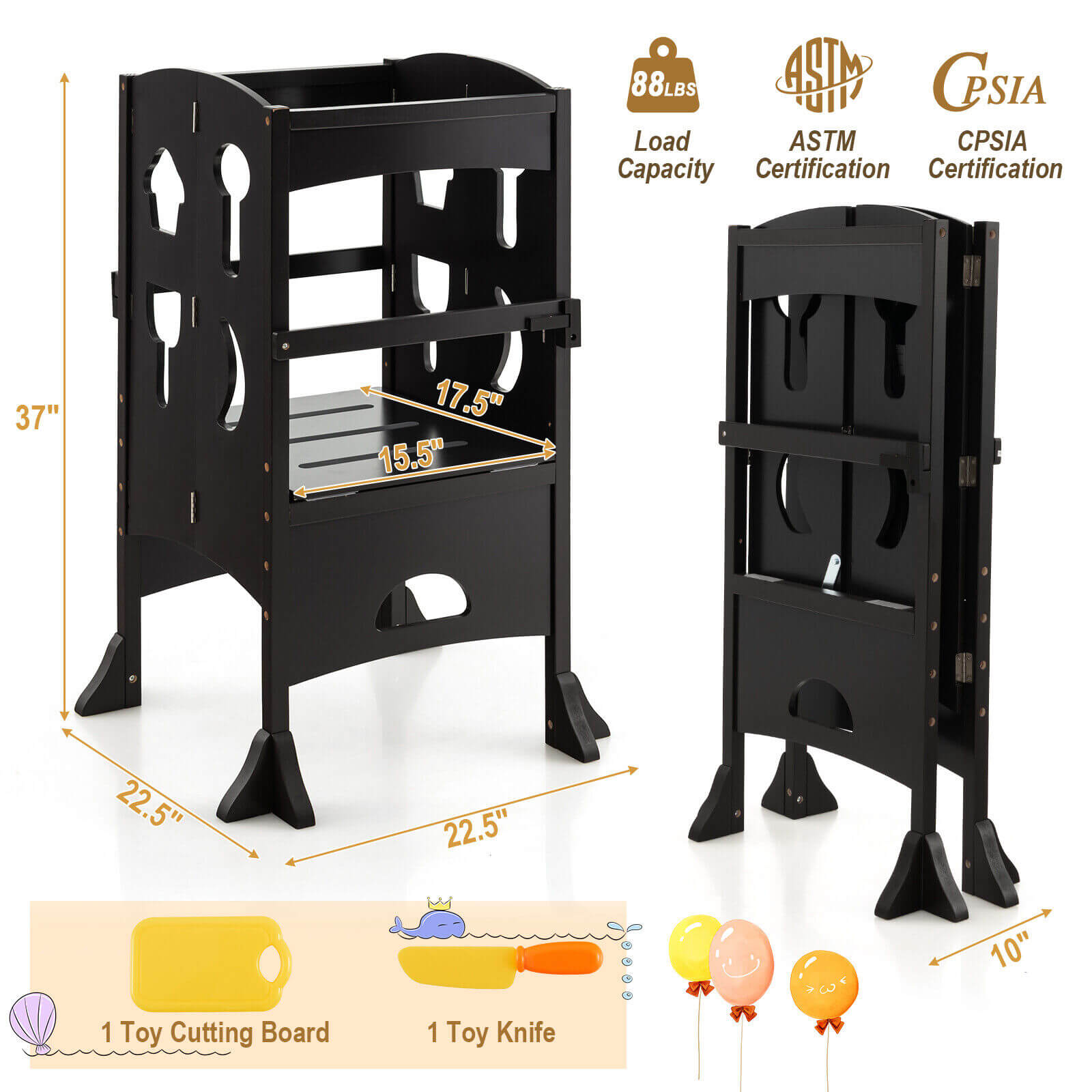 Folding Wooden Step Stool with Lockable Safety Rail for Toddlers -Coffee