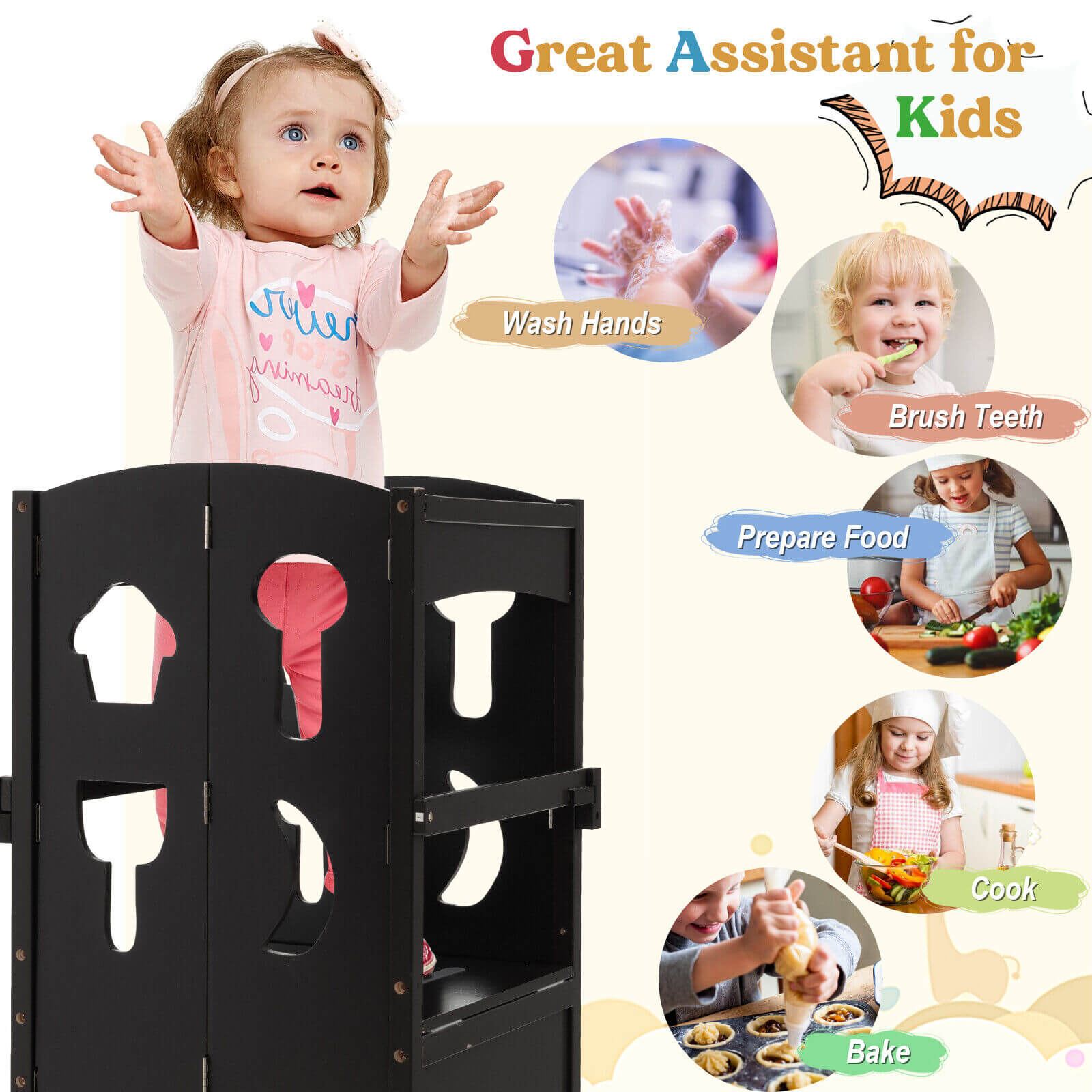 Folding Wooden Step Stool with Lockable Safety Rail for Toddlers -Coffee