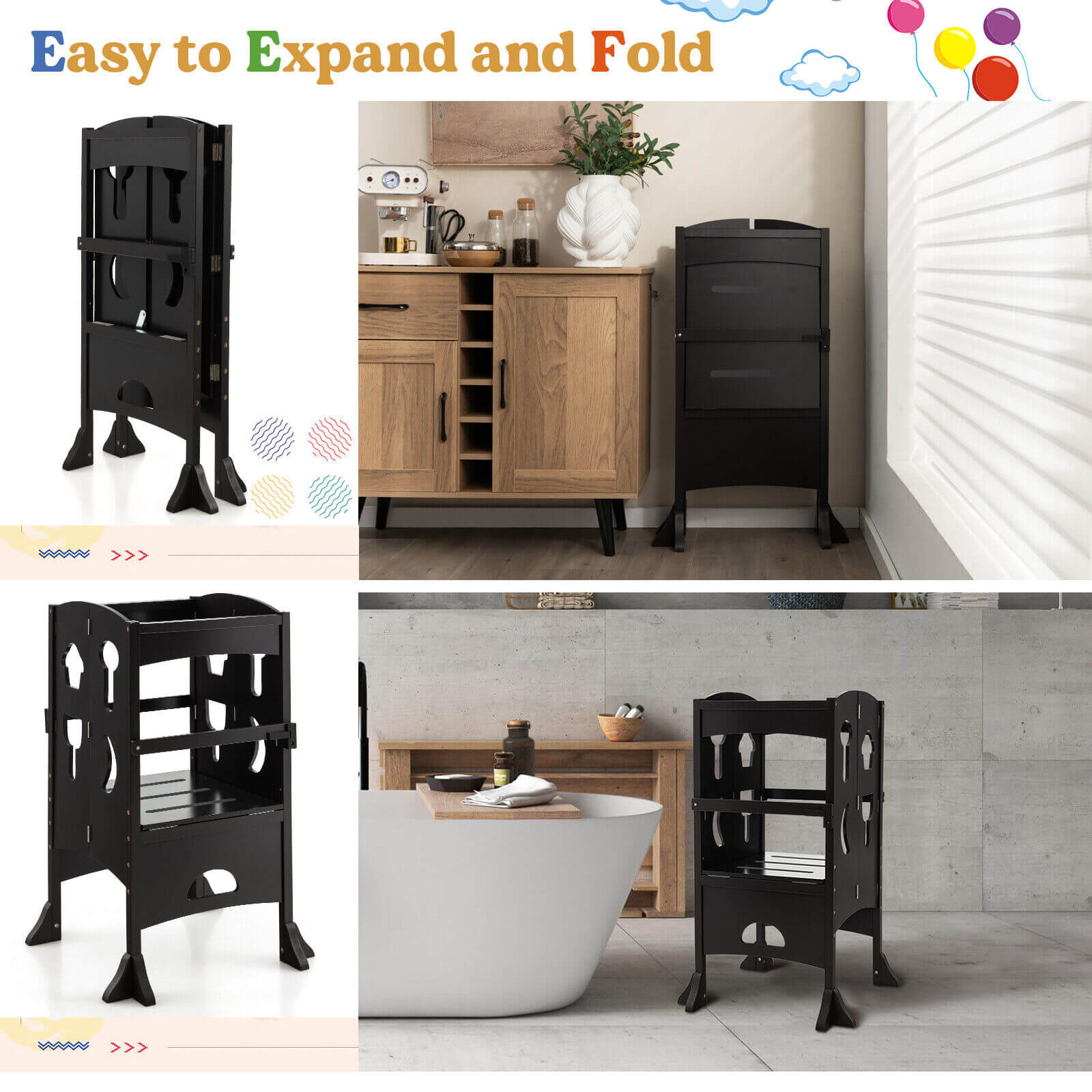 Folding Wooden Step Stool with Lockable Safety Rail for Toddlers -Coffee