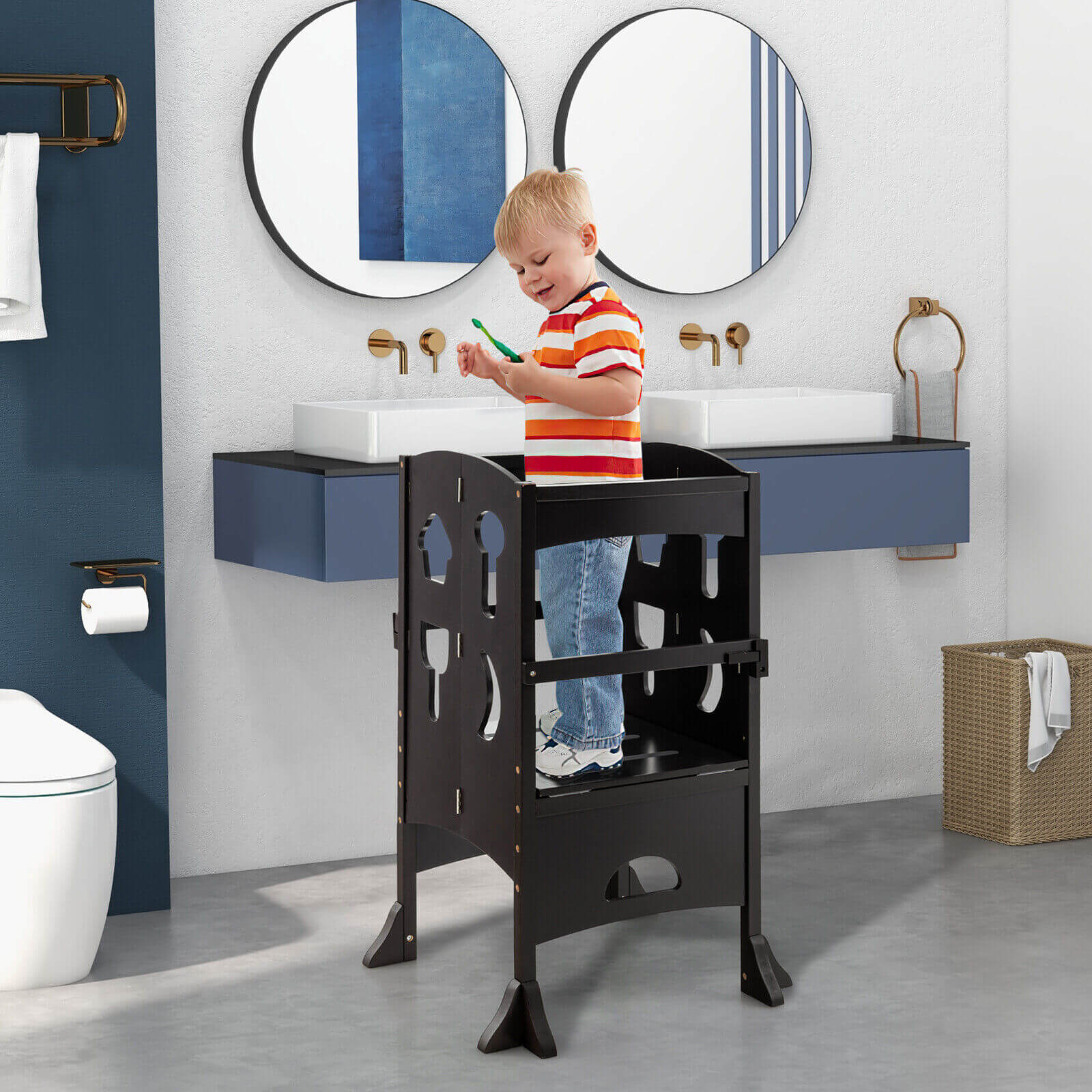 Folding Wooden Step Stool with Lockable Safety Rail for Toddlers -Coffee