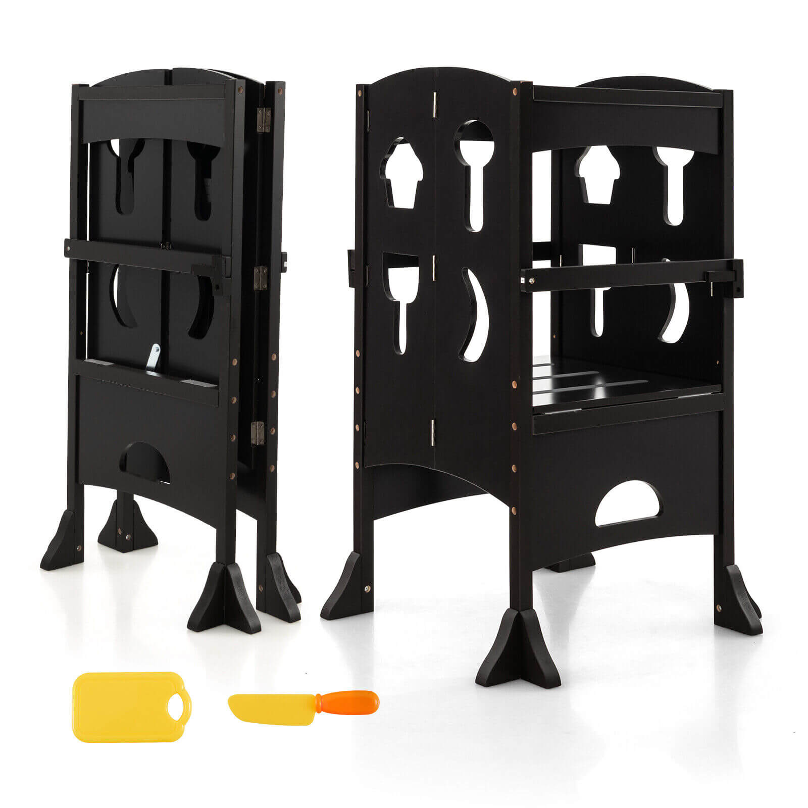 Folding Wooden Step Stool with Lockable Safety Rail for Toddlers -Coffee