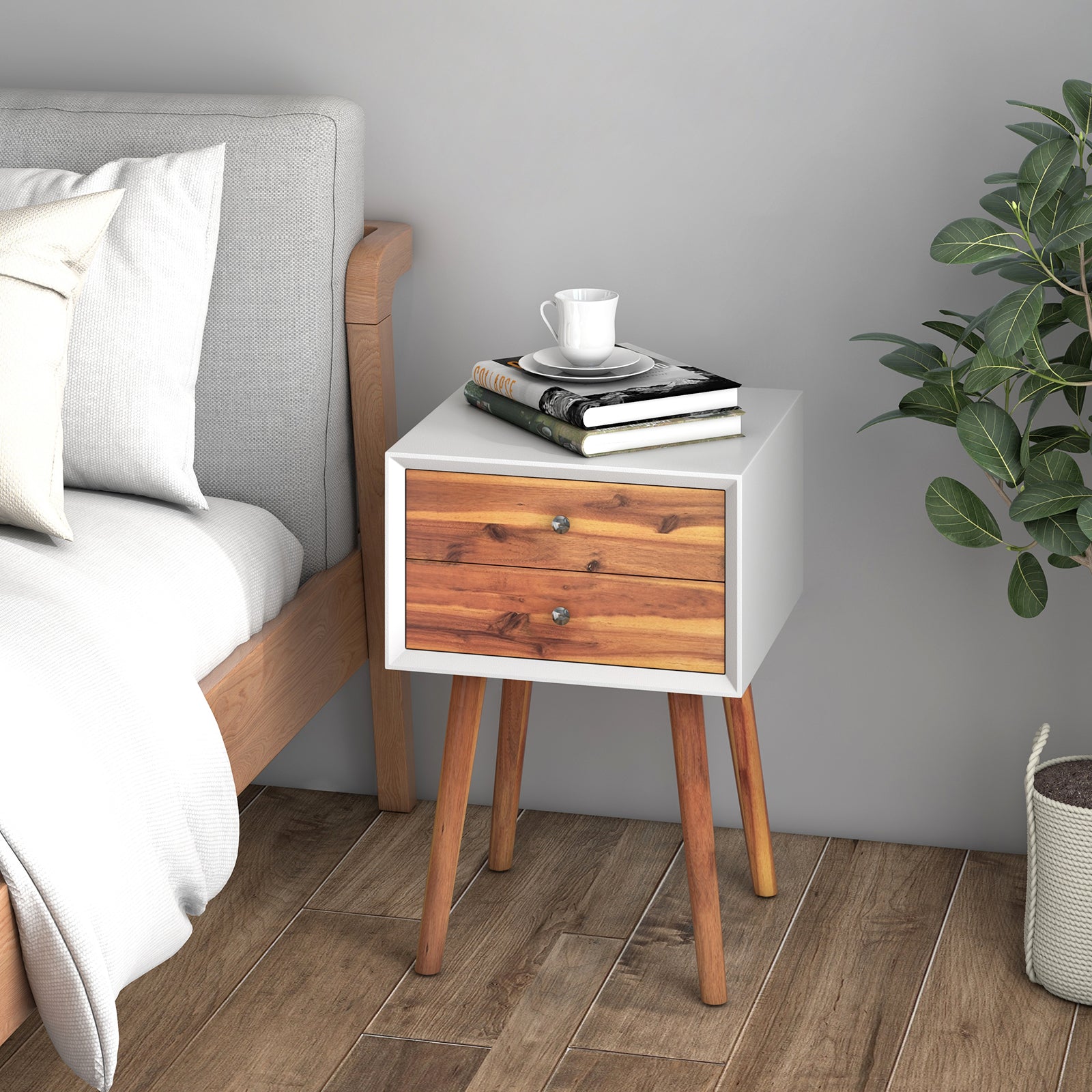 Wooden Nightstand with 2 Storage Drawers-Brown