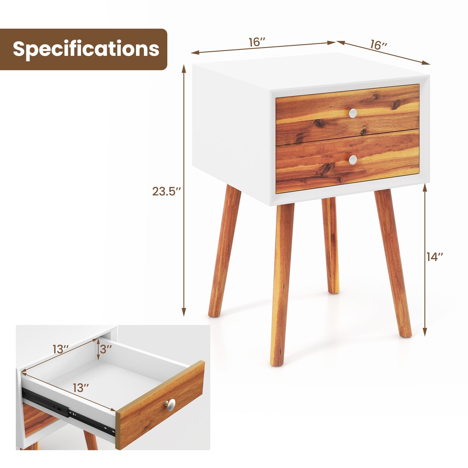 Wooden Nightstand with 2 Storage Drawers-Brown