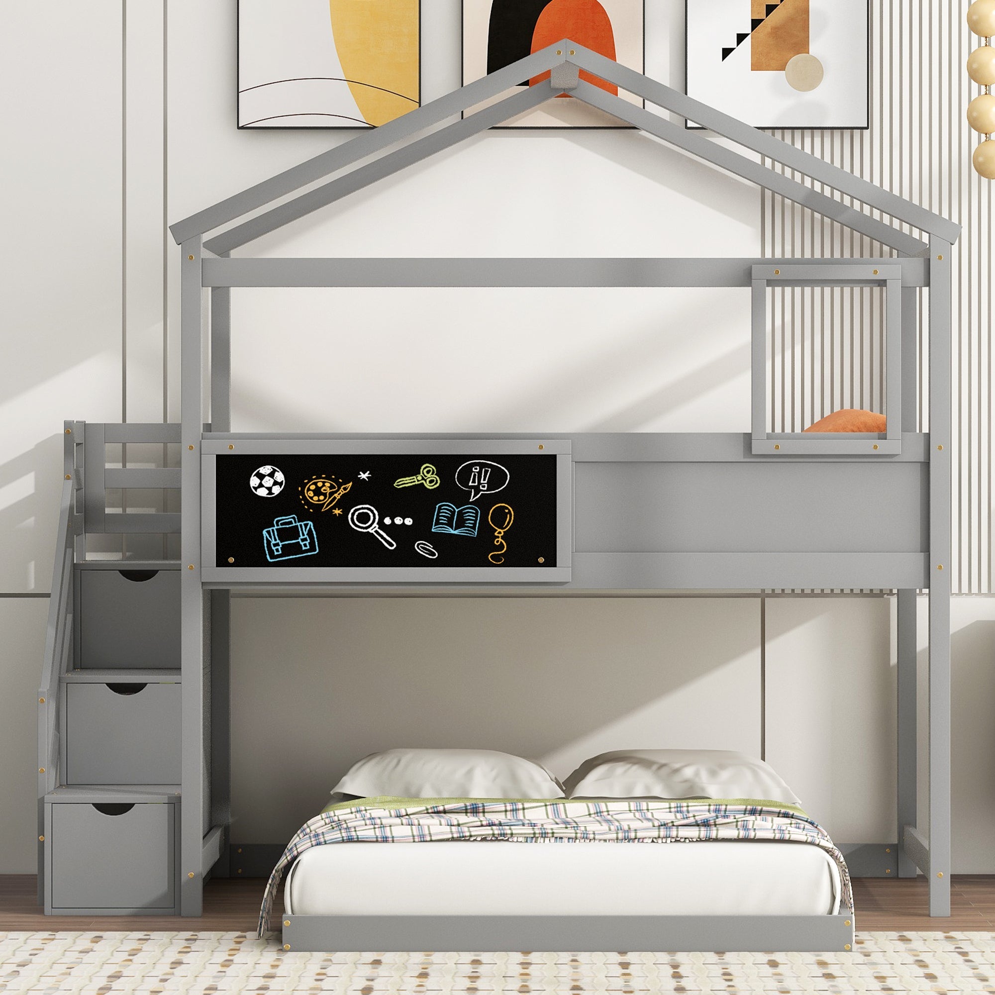 Twin-Over-Full House Bunk Bed with Storage Staircase and Blackboard, Gray