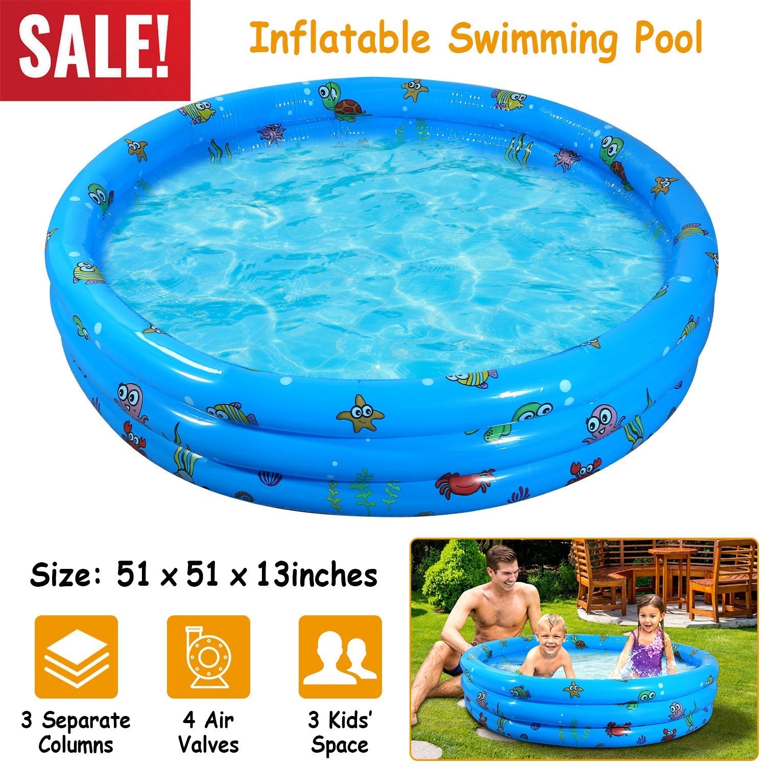 51x13Ó Inflatable Swimming Pool with 4 Valves & Bottom Water Drain Plug