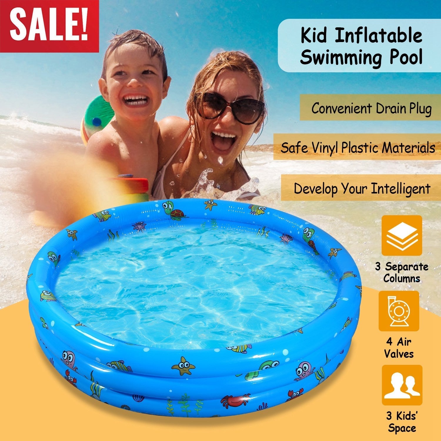 51x13Ó Inflatable Swimming Pool with 4 Valves & Bottom Water Drain Plug