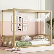 Twin Size Canopy Frame Floor Bed with Fence, Guardrails,Natural by 39F INC.
