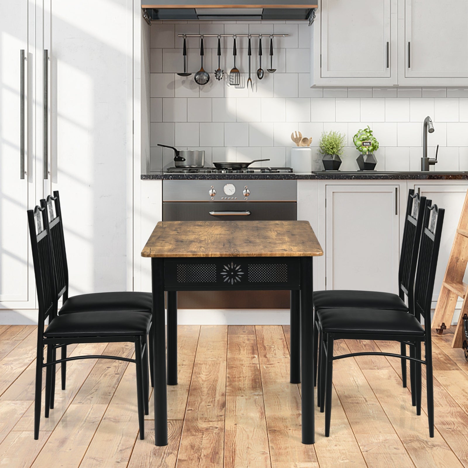 5 Pcs Dining Set Wood Metal Table and 4 Chairs with Cushions-Black by DirectDeals