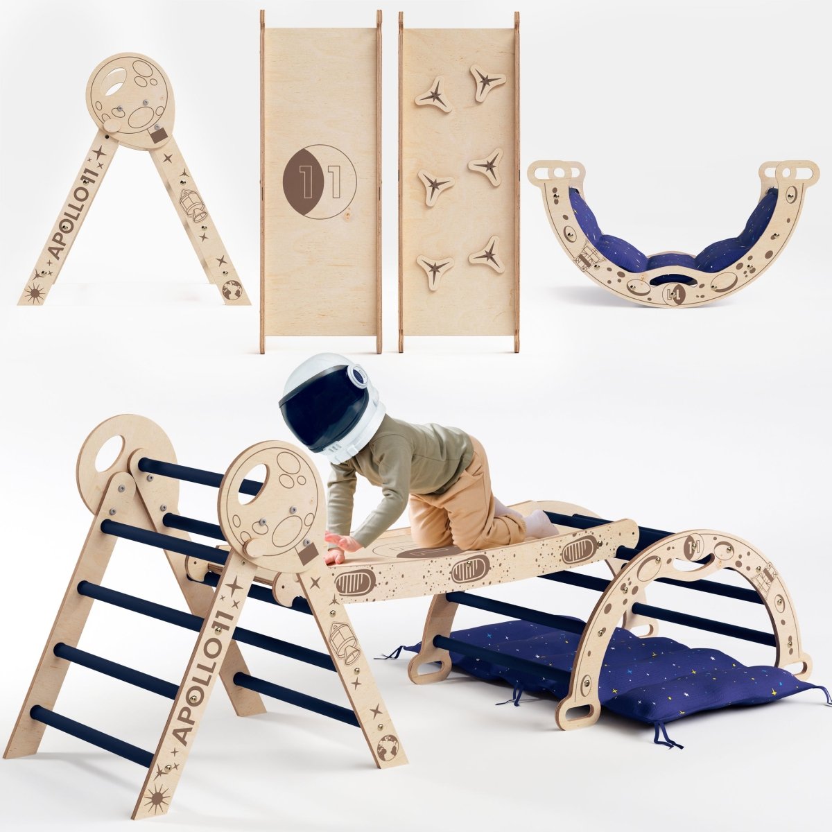 Apollo 4-in-1 Climbing Set:  Pikler Triangle, Arch, Slide Board, and Cushion for Little Toddlers Astronauts (1–3 Years)