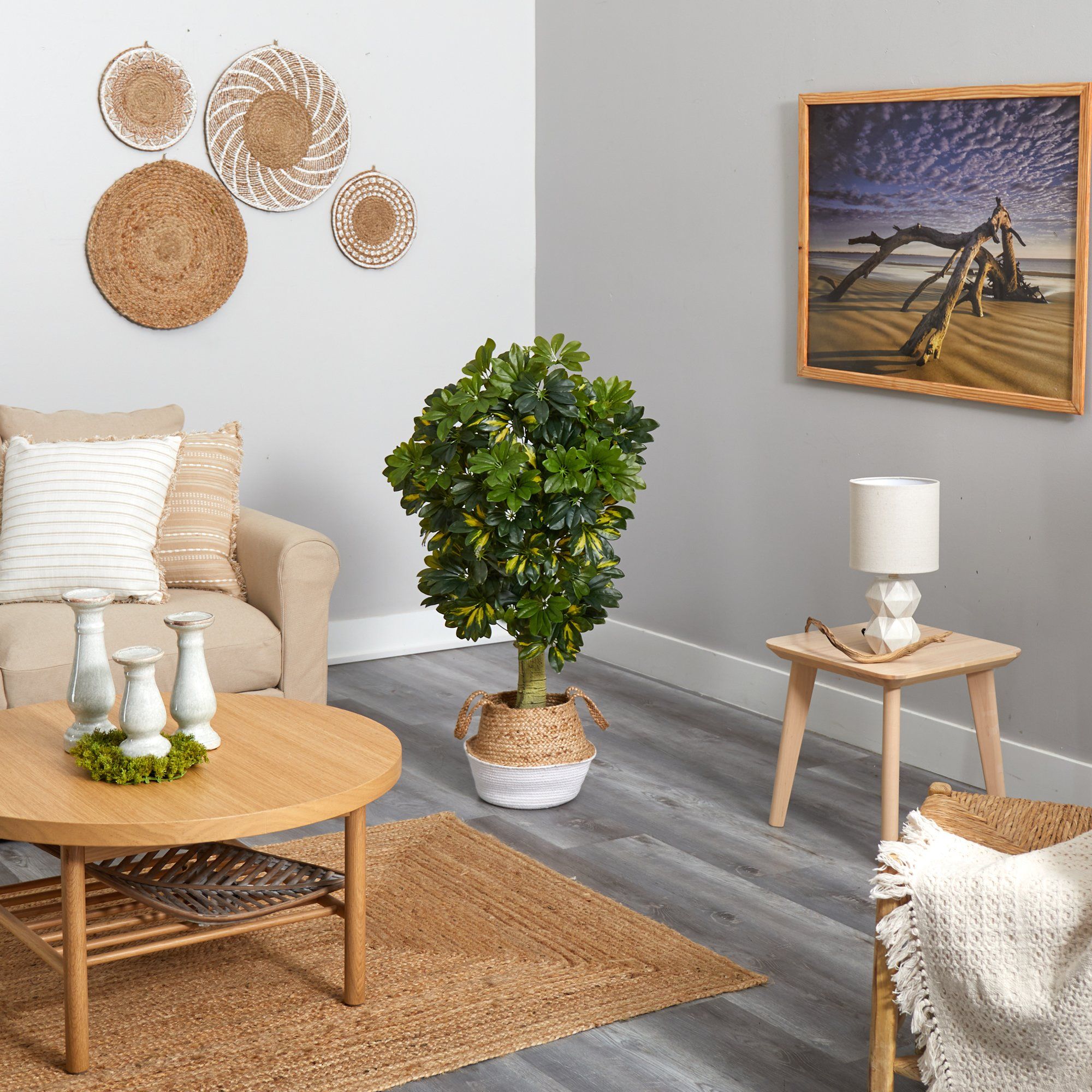 4’ Schefflera Artificial Tree in White Woven Planter (Real Touch)