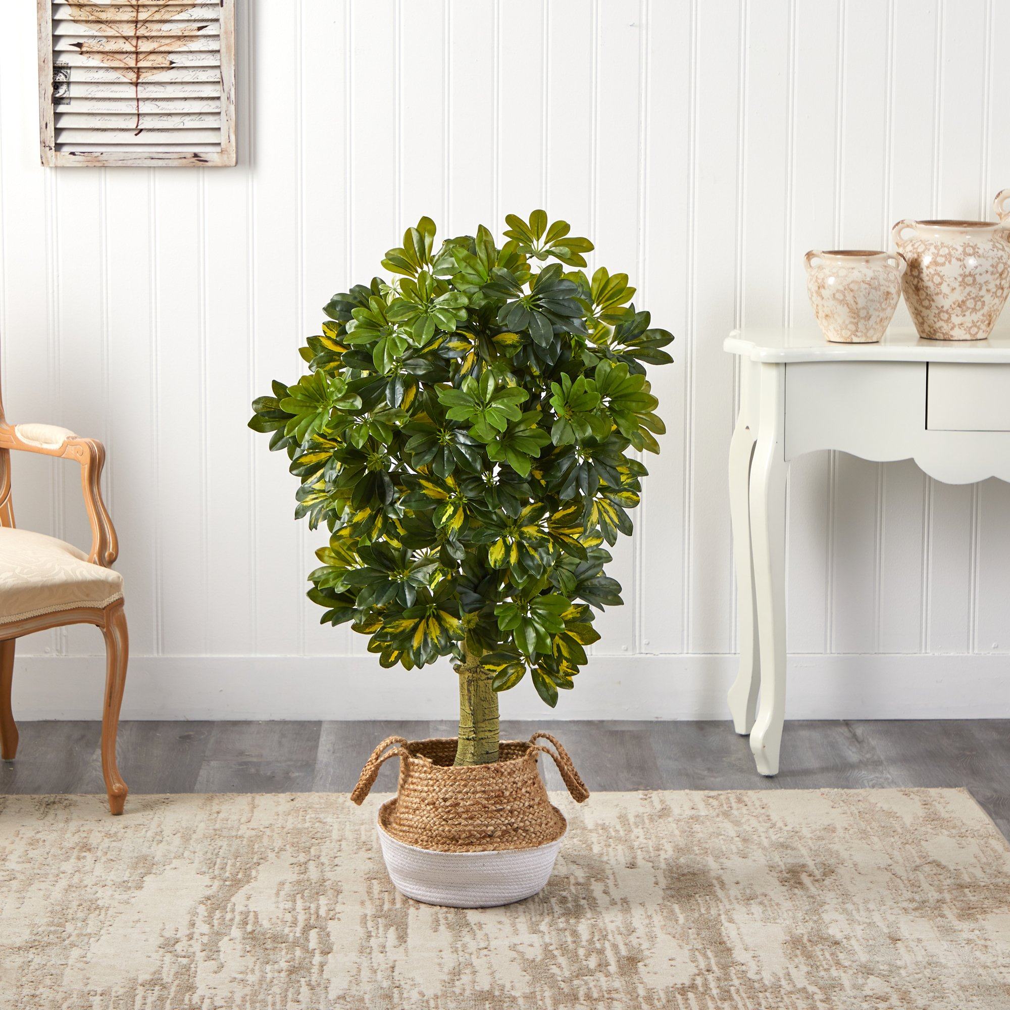 4’ Schefflera Artificial Tree in White Woven Planter (Real Touch)