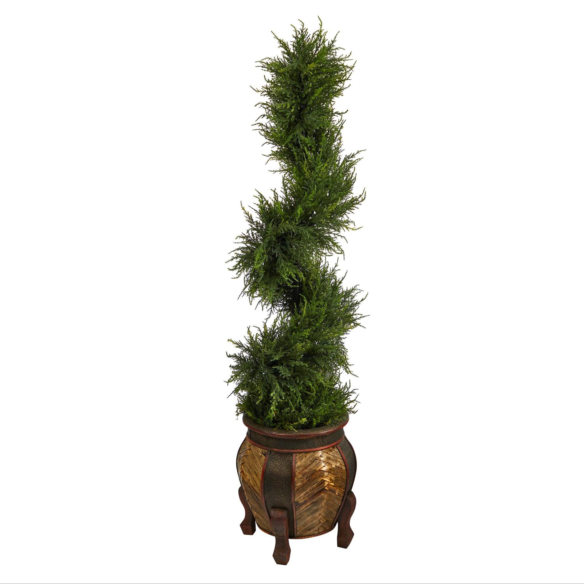 4.5’ Spiral Cypress Artificial Tree in Decorative Planter with LED Lights (Indoor/Outdoor)