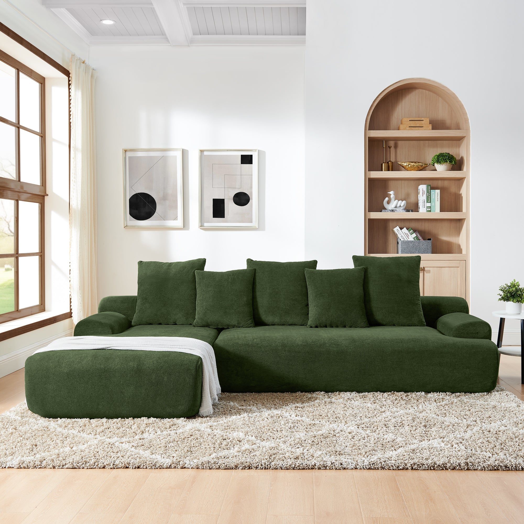 Upholstered L-Shape Sectional Sofa Couch - Melange Velvet, Green