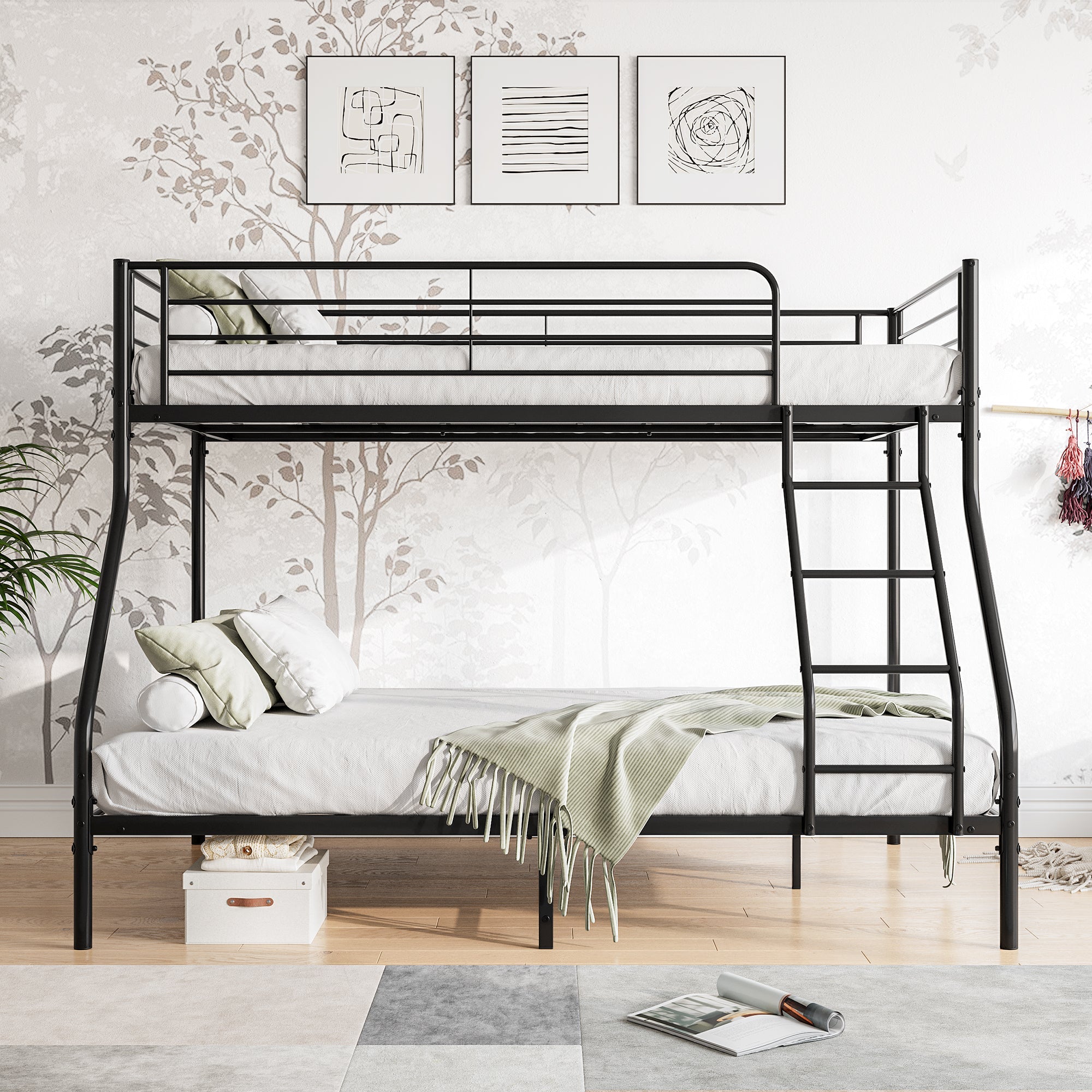 Heavy Duty Twin-Over-Full Metal Bunk Bed, Enhanced Upper-Level Guardrail, Black