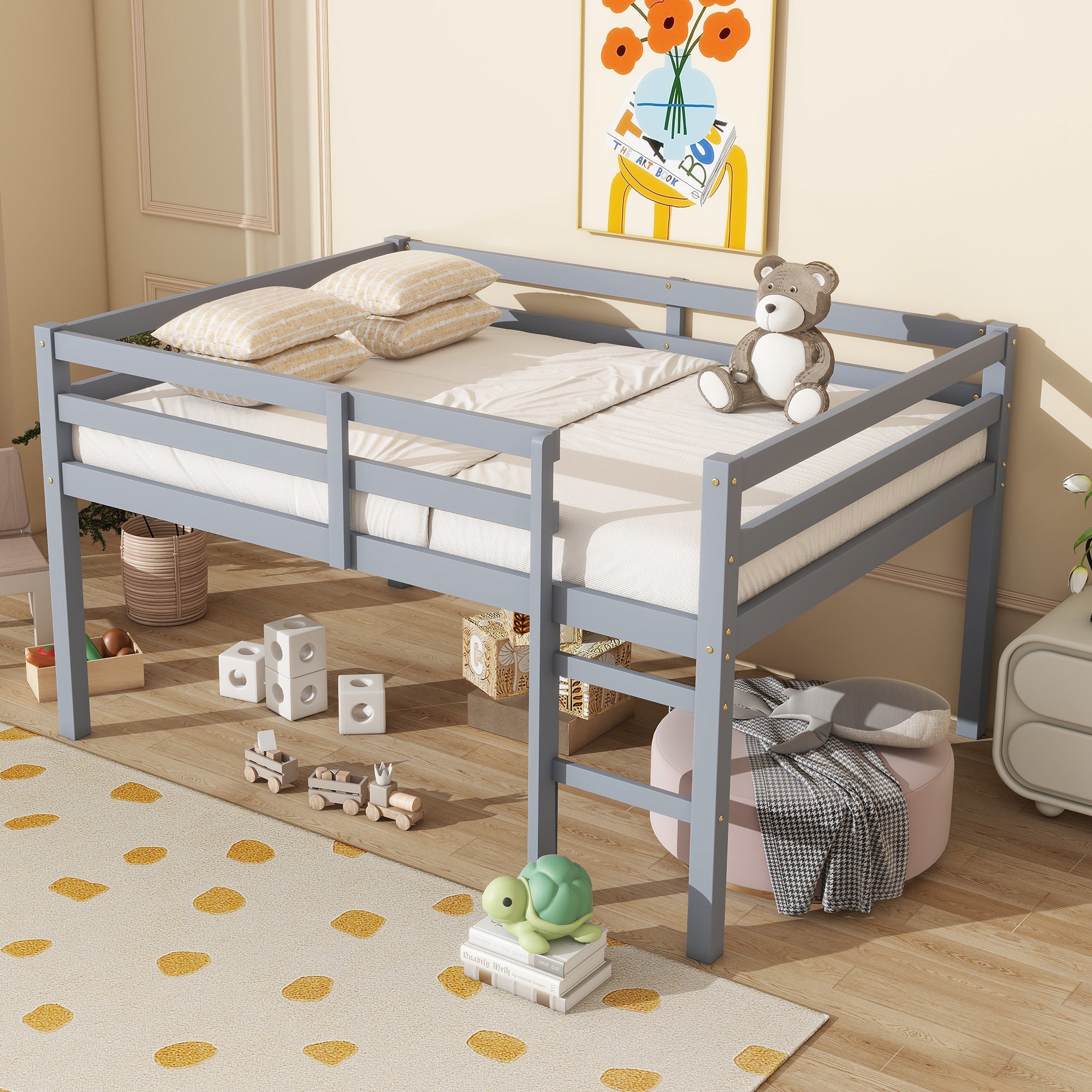 Full Rubber Wood Loft Bed with Ladder - Grey