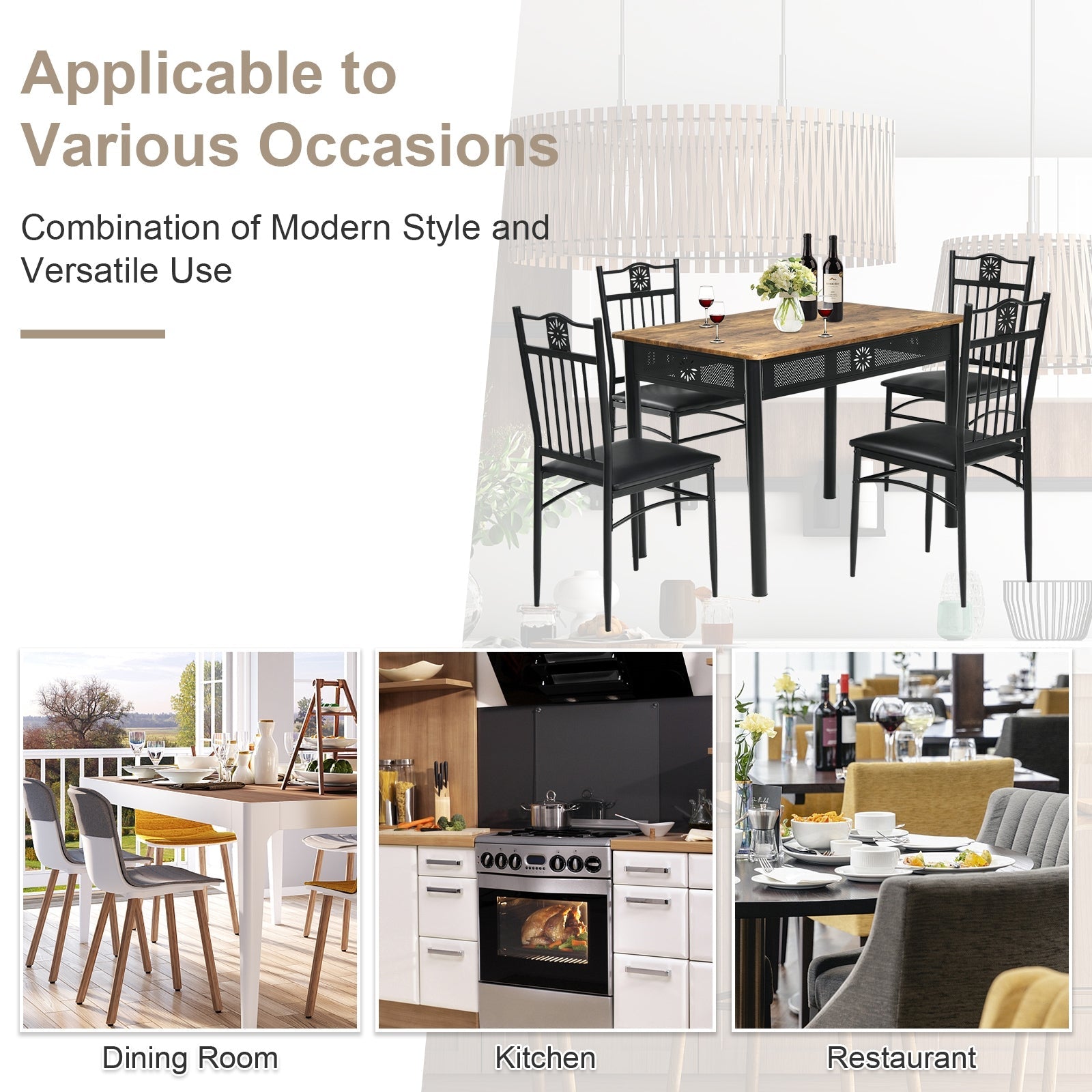 5 Piece Dining Set, Table and 4 Chairs with Cushions - Black
