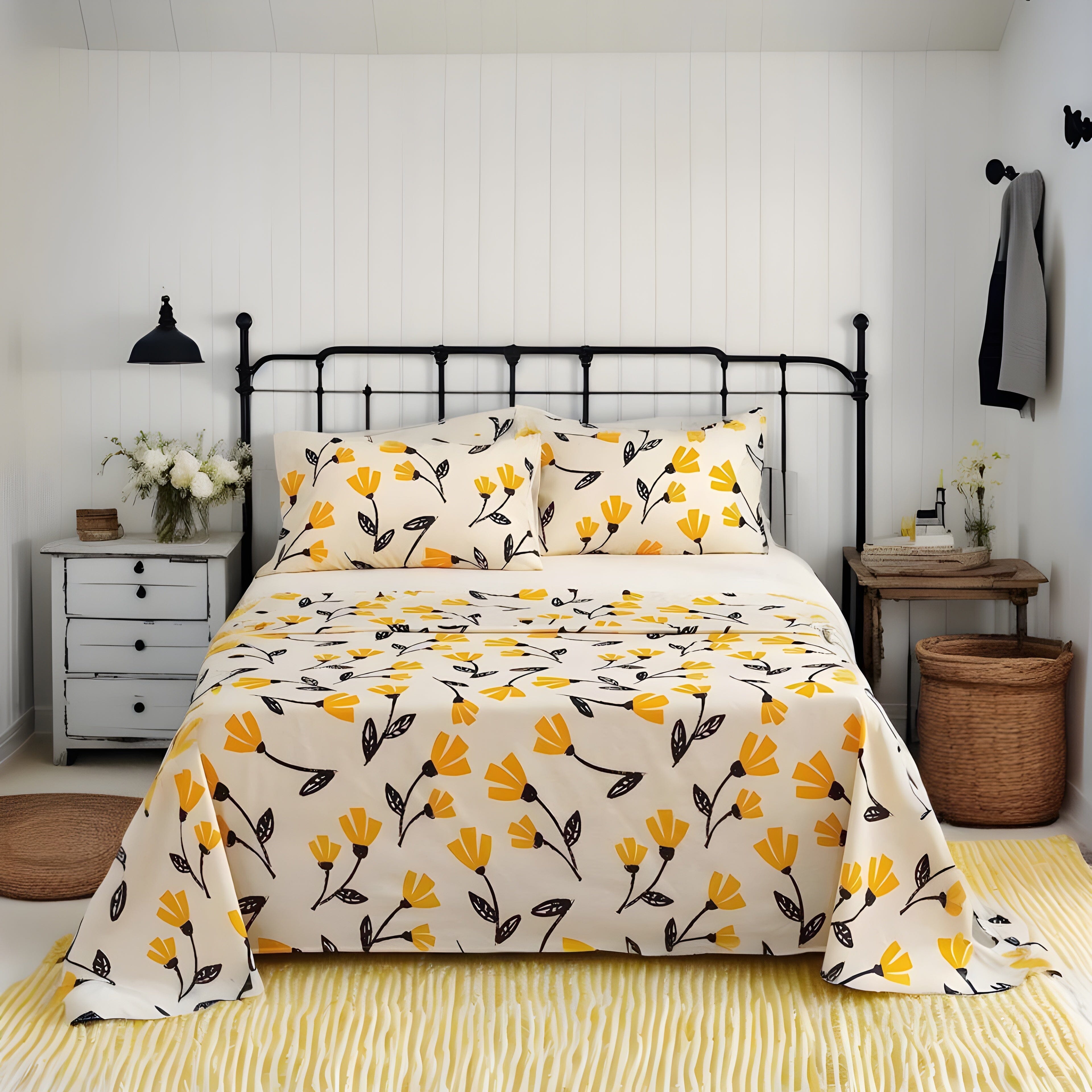 Yellow Fleur Golden Orange Floral Ivory Fitted & Flat Bed Sheets Set