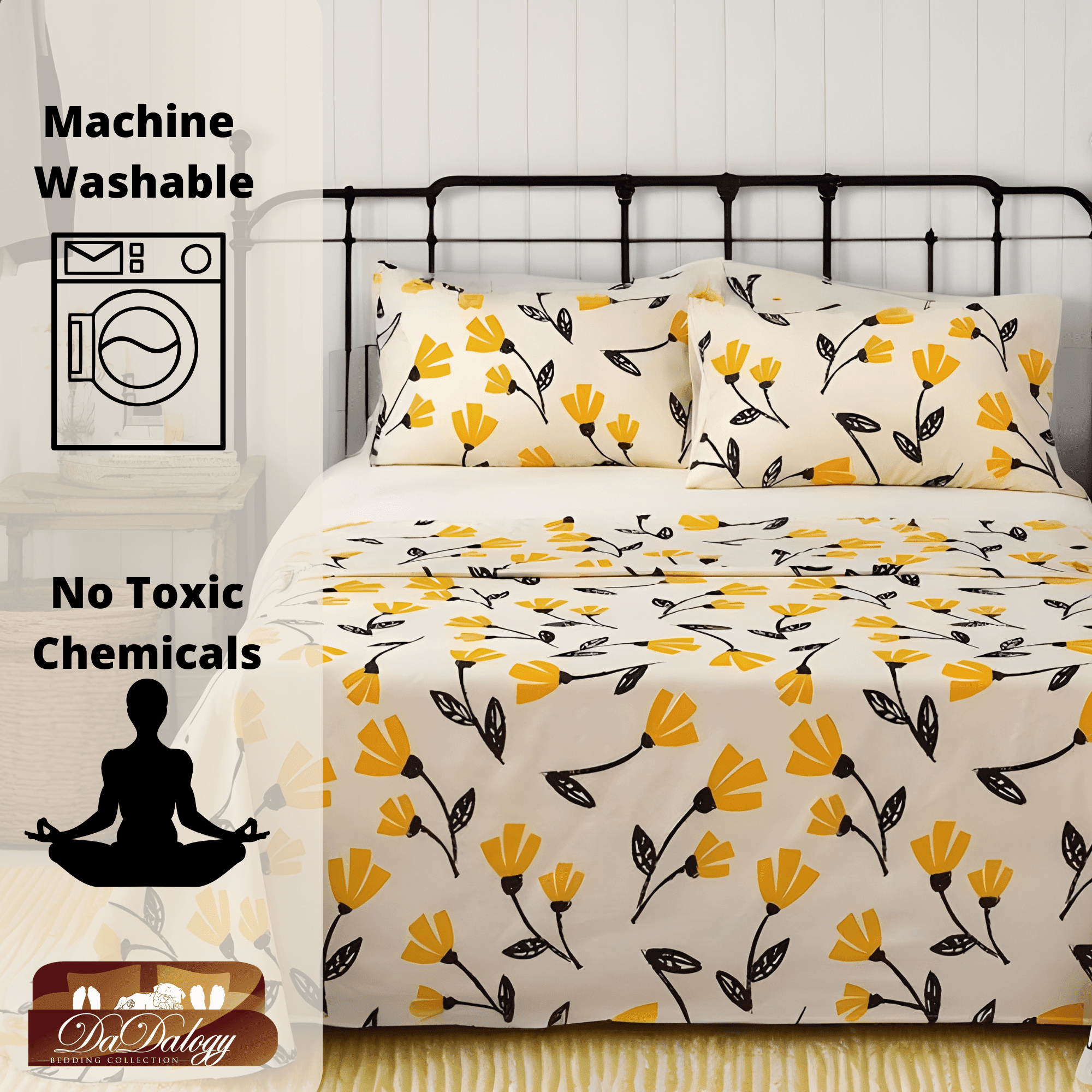 Yellow Fleur Golden Orange Floral Ivory Fitted & Flat Bed Sheets Set
