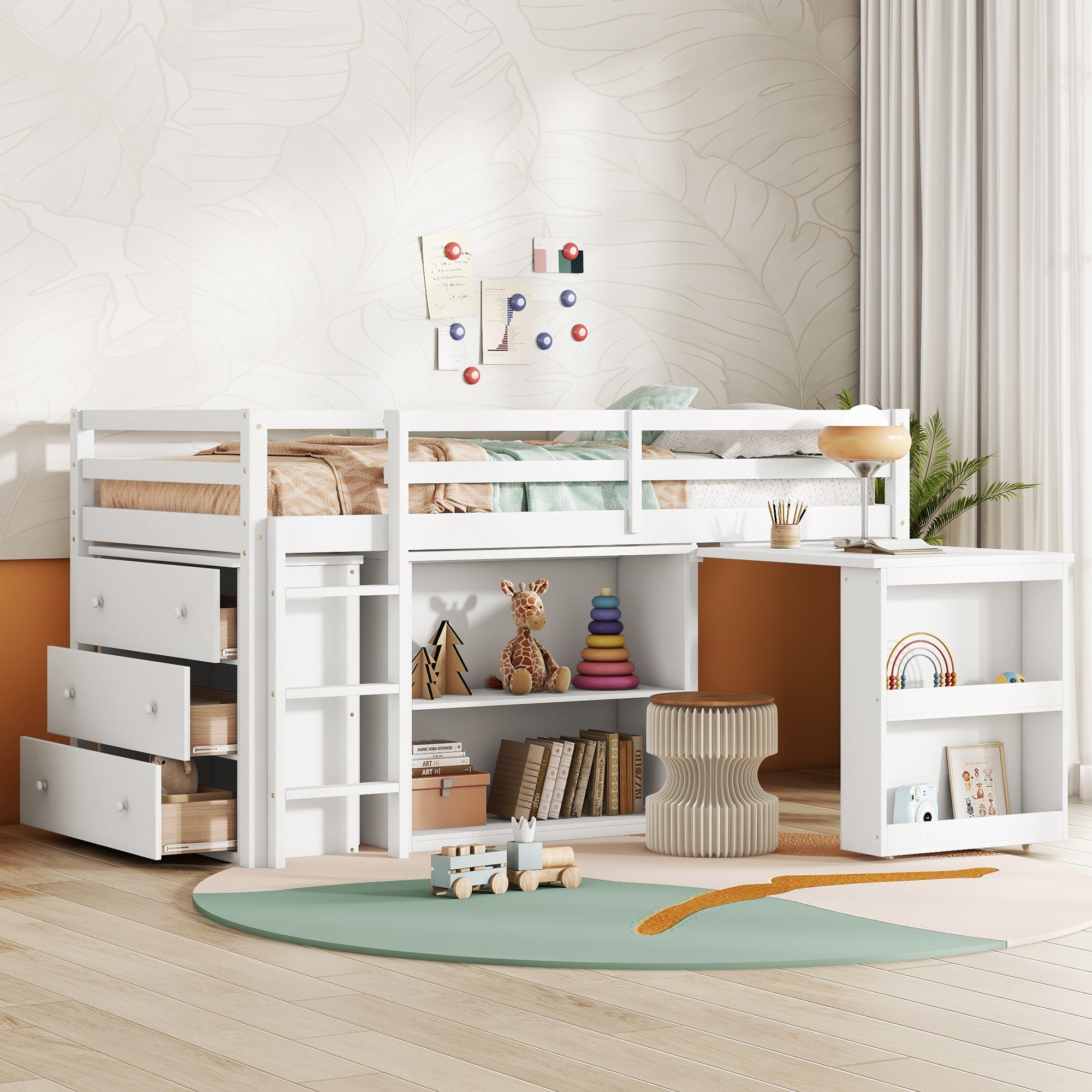 Twin Loft Bed w. stroage case ,drawers,Twin Loft Bed with ,Drawer Cabinet, Shelf Cabinet and Pulling -Out Desk,Rubber Wood Loft Bed with Safety Guardrail ,Ladder,White by 39F INC.