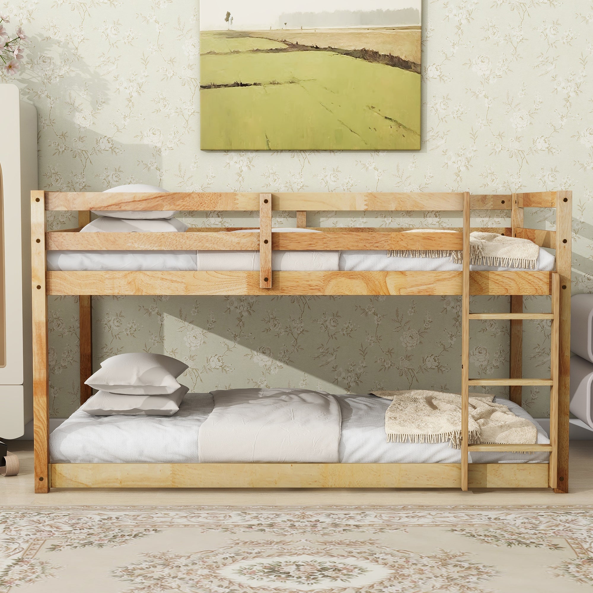 Solid Wooden , Solid Rubber Wooden Twin over Twin Loft Bed with Ladder ,Upper and Bottom Bed Platforms crafted with Strengthened Slats ,Natural by 39F INC.