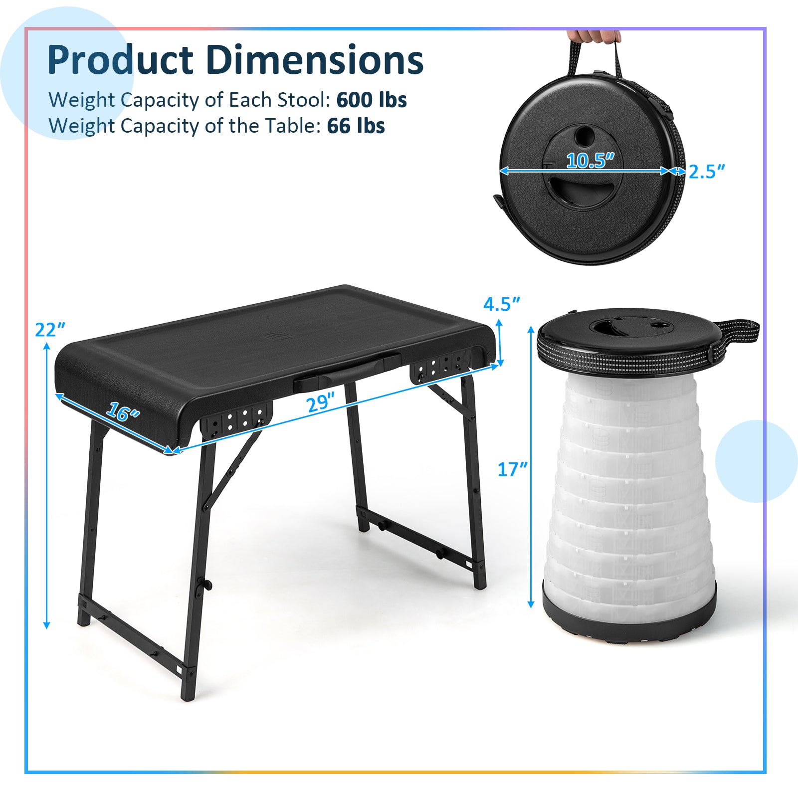 3 Pieces Folding Camping Table Stool Set Black