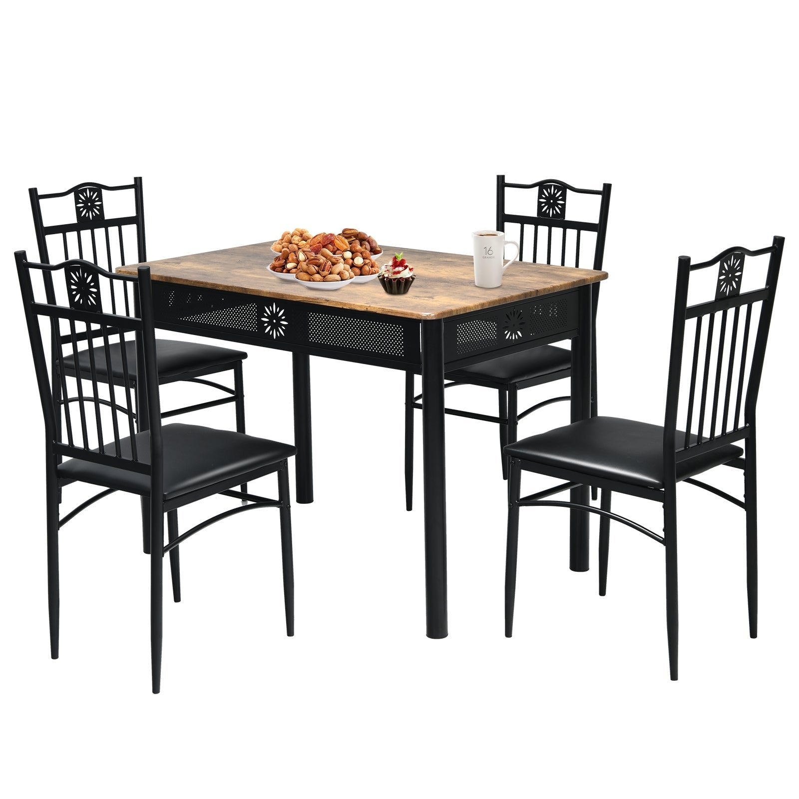 5 Pcs Dining Set Wood Metal Table and 4 Chairs with Cushions-Black by DirectDeals