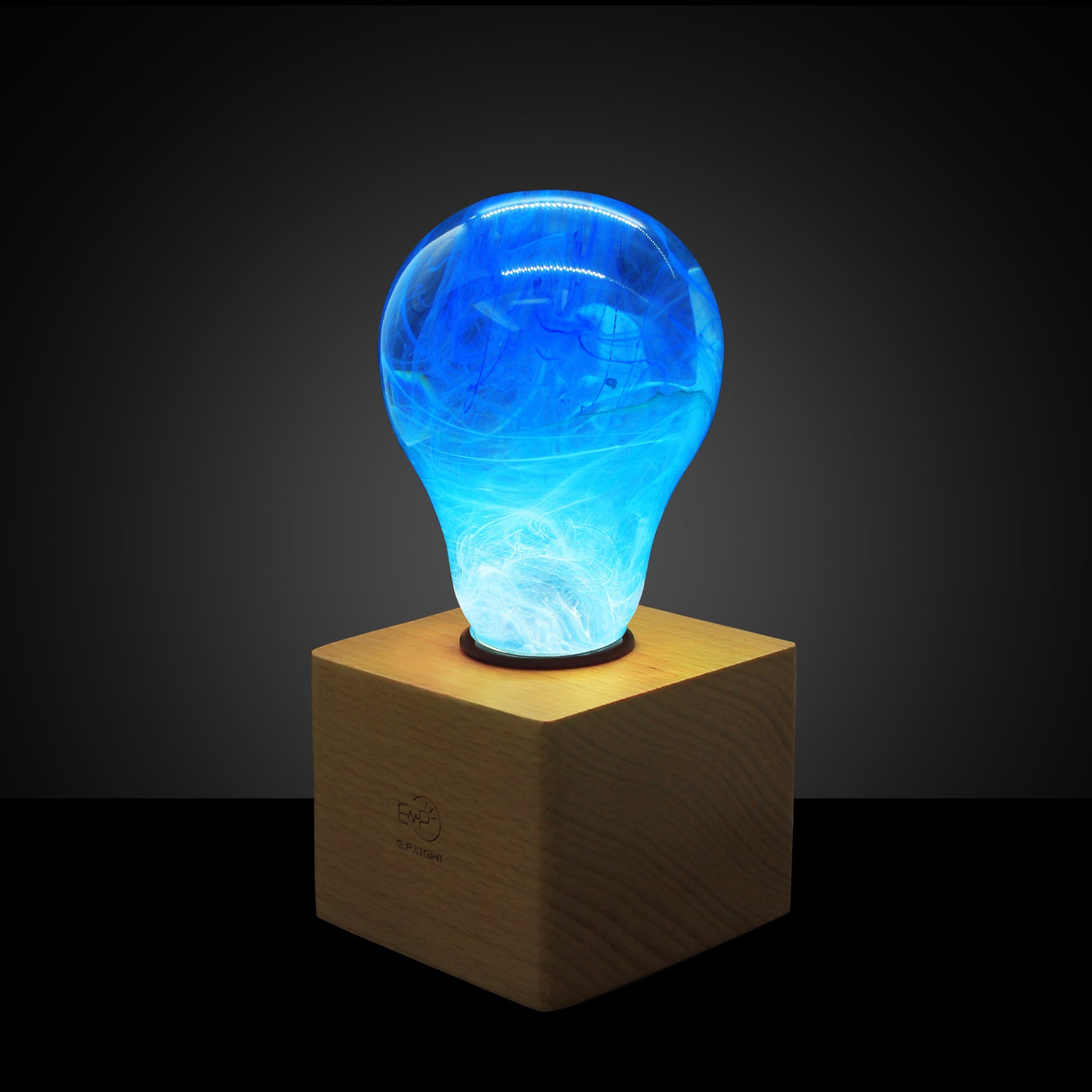 ep light blue smoke table lamp with wood base