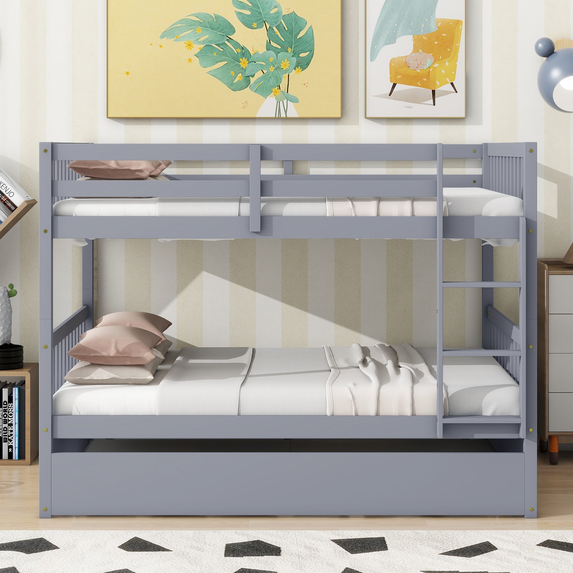 Rubber Wood Bunk Bed with Trundle, Ladder and Guardrails, Convertible to 2 Full Size Beds, Grey