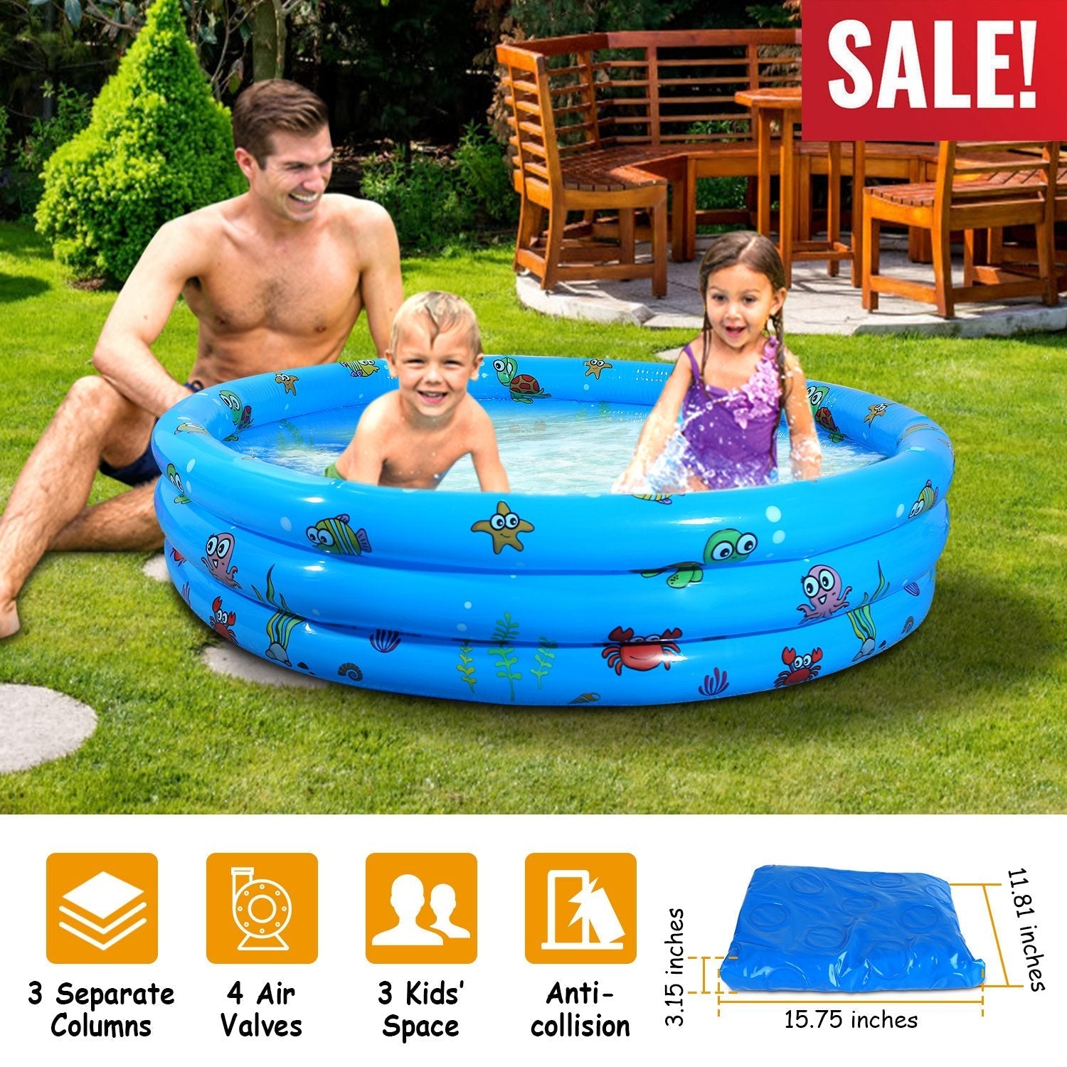 51x13Ó Inflatable Swimming Pool with 4 Valves & Bottom Water Drain Plug