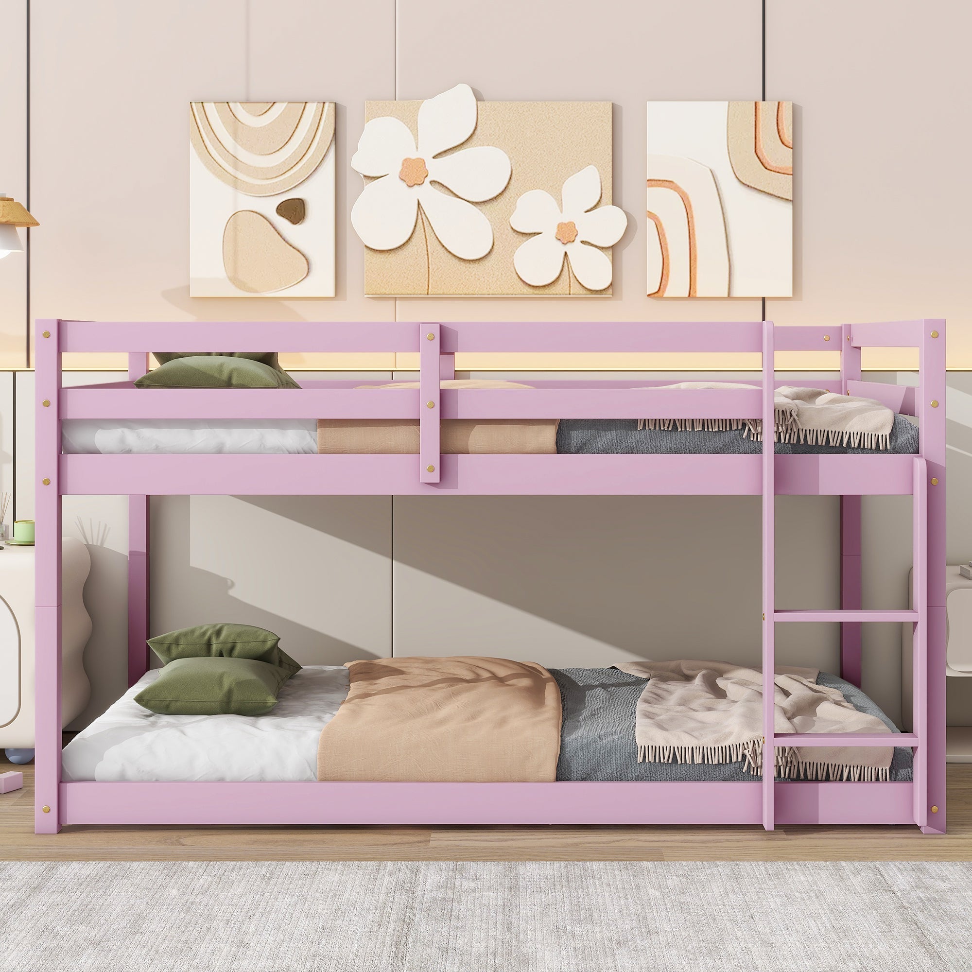 Solid Wooden, Twin over Twin Loft Bed with Ladder - Pink