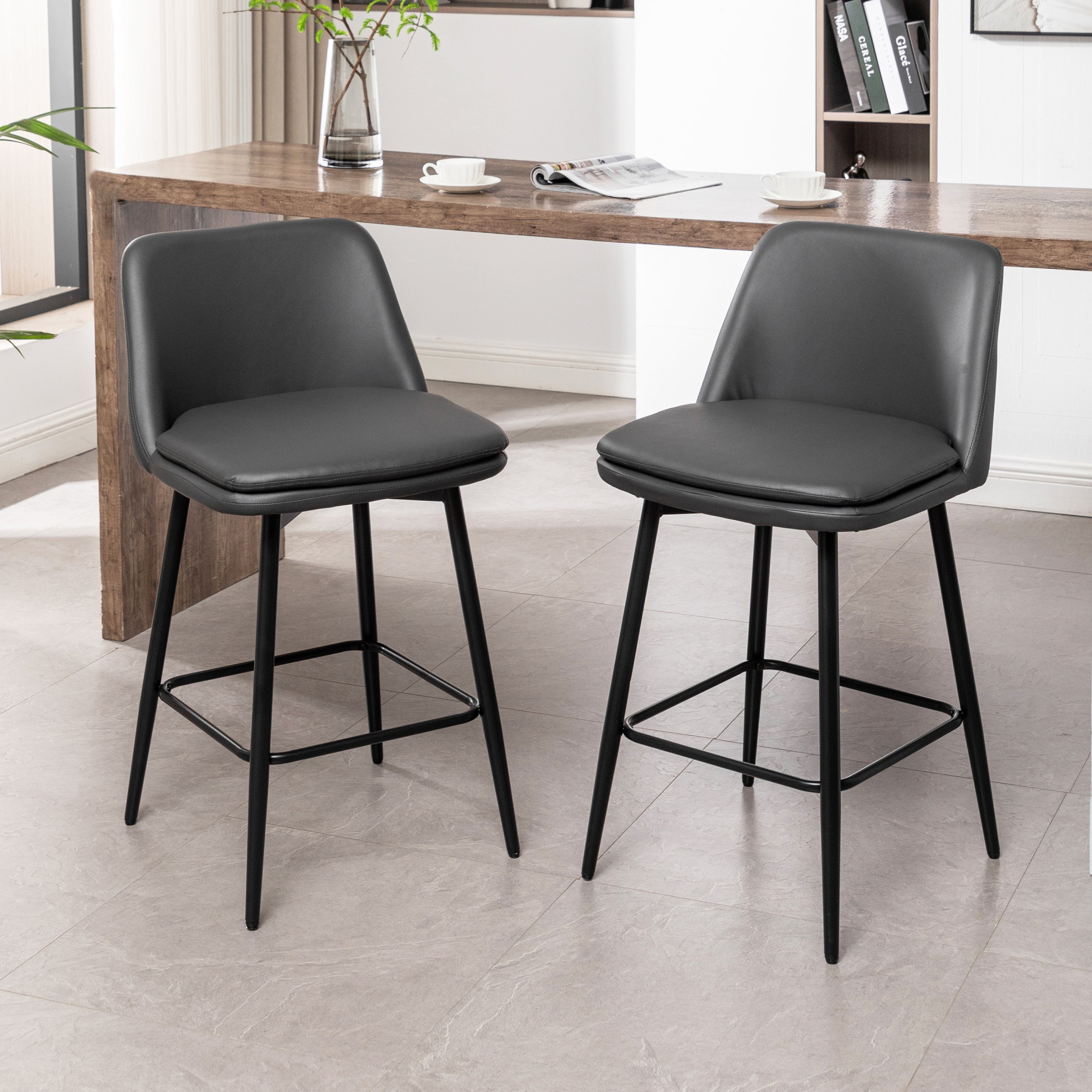 Counter Height Swivel Bar Stools Set of 2, 360° Swivel Upholstered Barstools with Back and Metal Legs, 25.6' Seat Height,Counter Stools for Kitchen Island and Pub,Faux Leather,Grey by 39F INC.