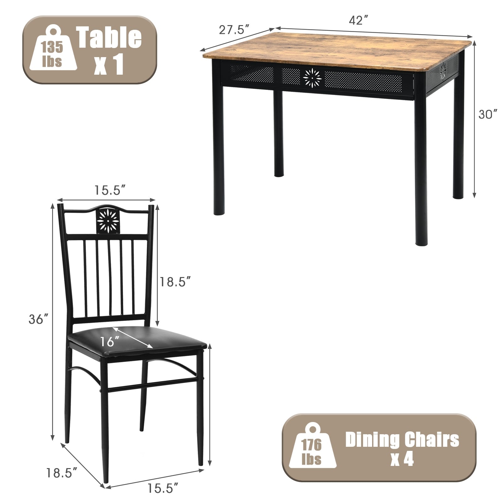 5 Piece Dining Set, Table and 4 Chairs with Cushions - Black