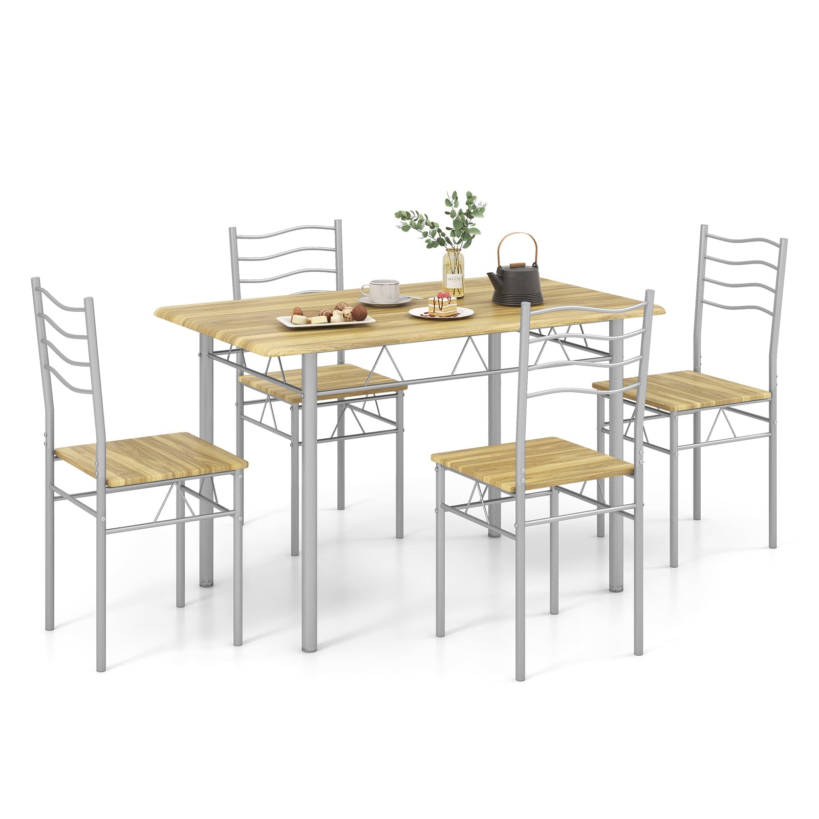 5 Pieces Wood Metal Dining Table Set with 4 Chairs - Walnut