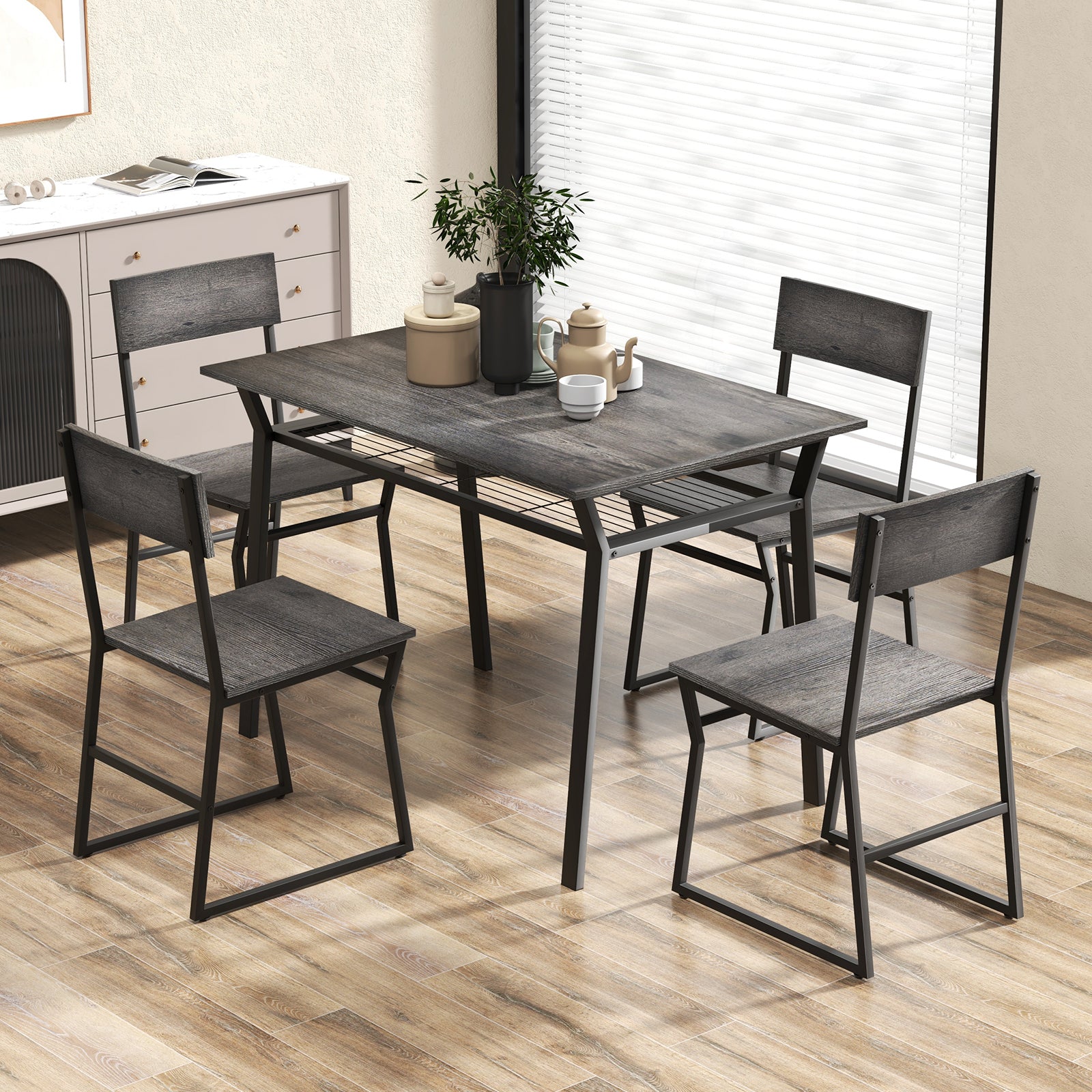 5 Piece Dining Table Set with Storage Rack - Gray