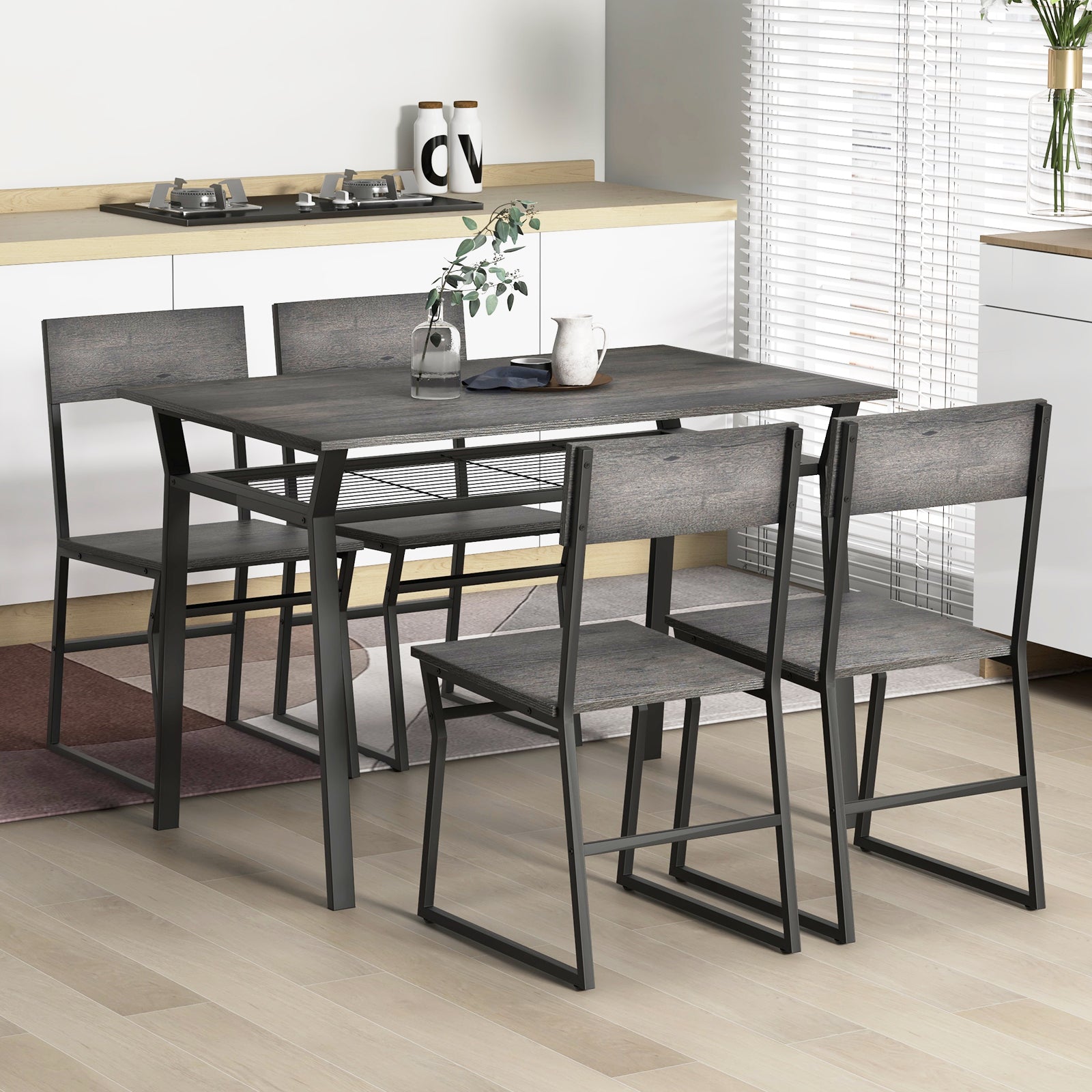 5 Piece Dining Table Set with Storage Rack - Gray