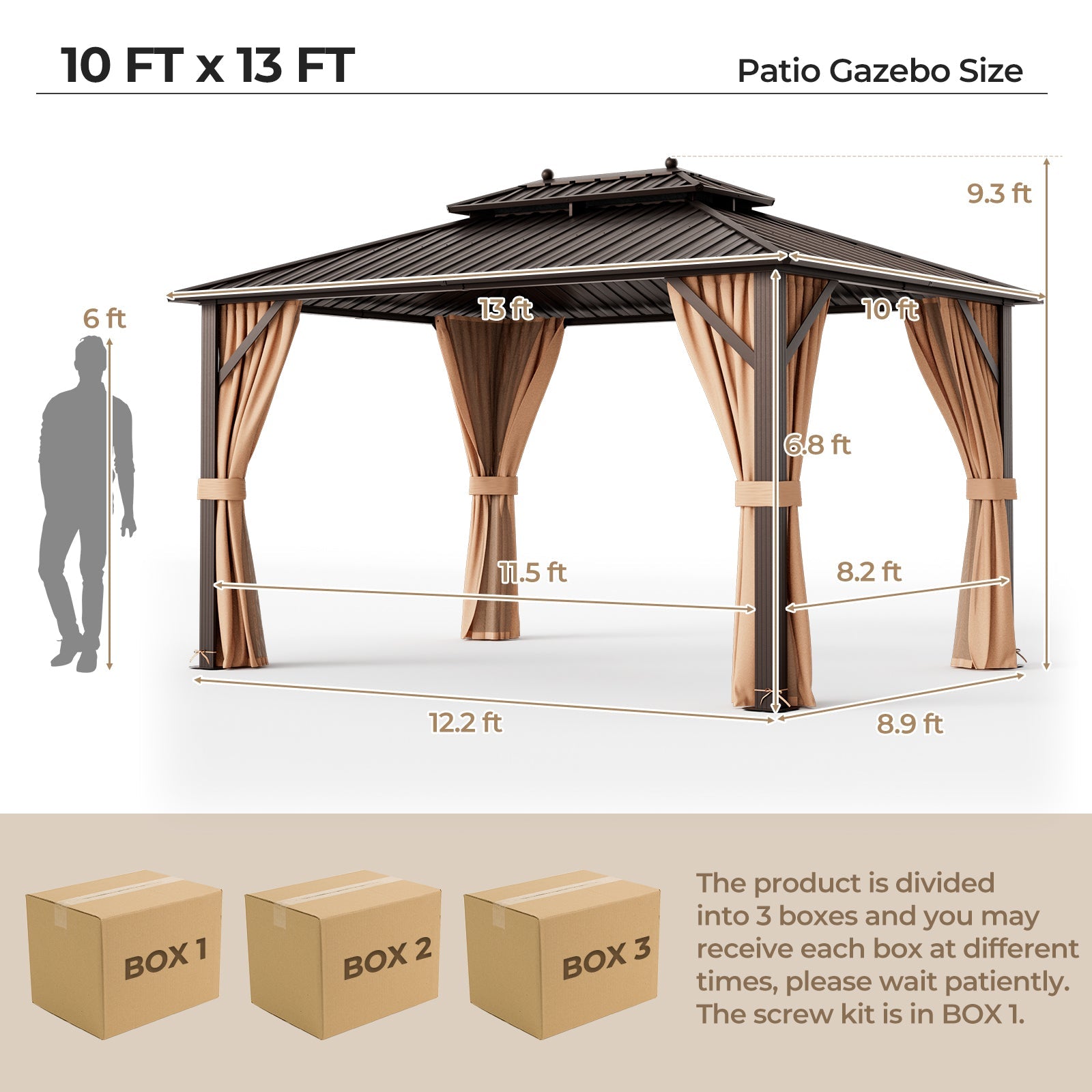 10x13ft Double-Roof Patio Hardtop Gazebo -Coffee