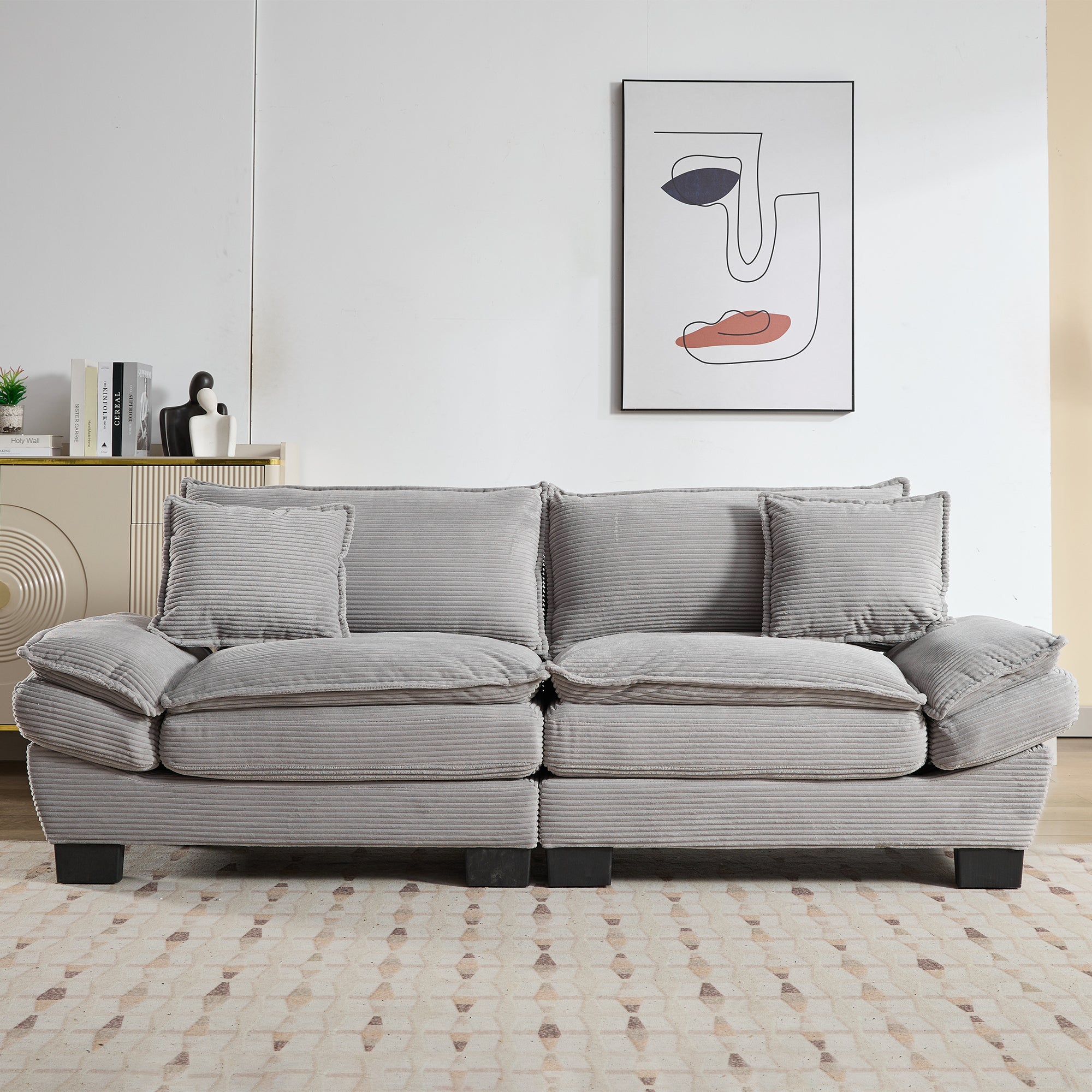 Corduroy Sofa Sleeper Couch with Pillows - Light Grey