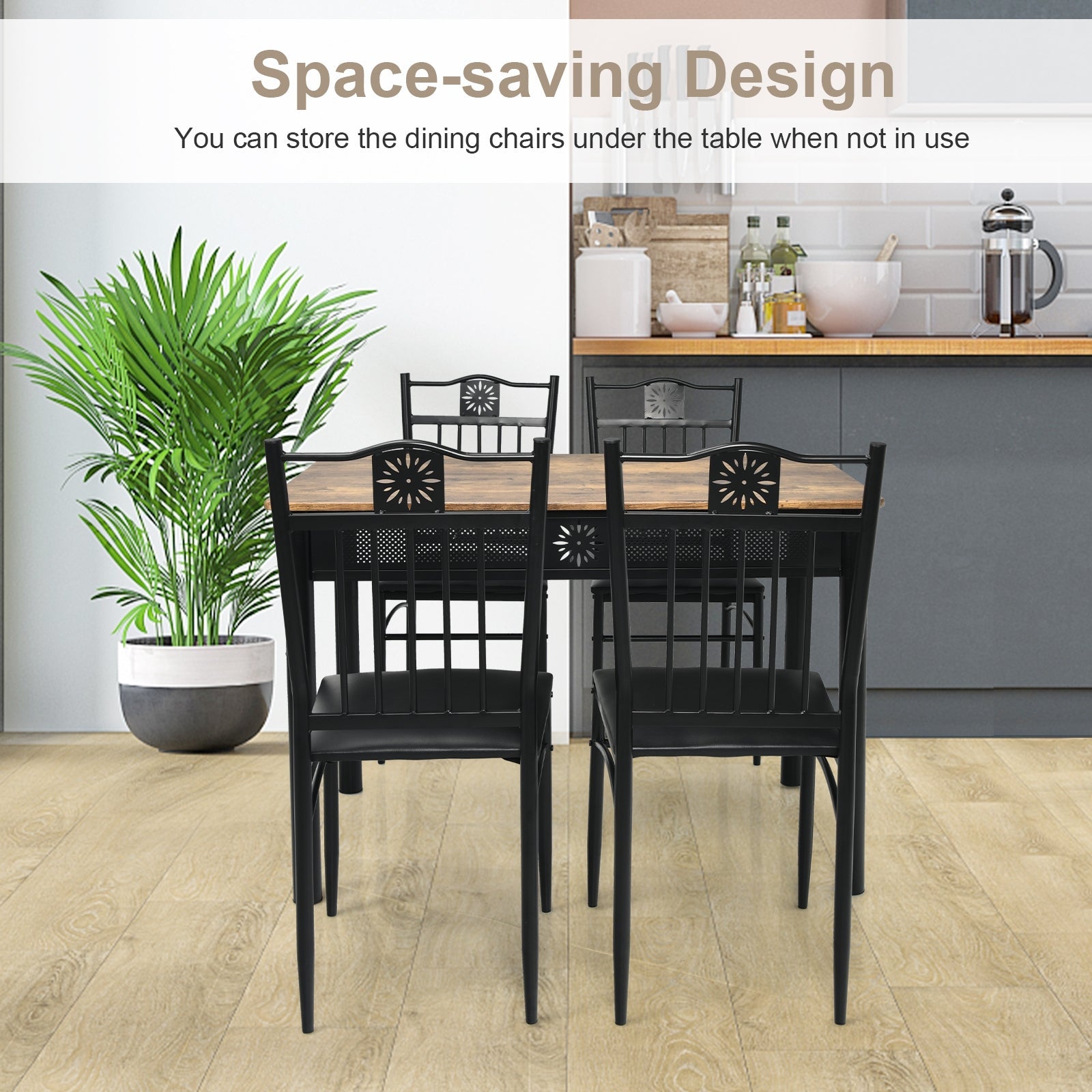 5 Pcs Dining Set Wood Metal Table and 4 Chairs with Cushions-Black by DirectDeals