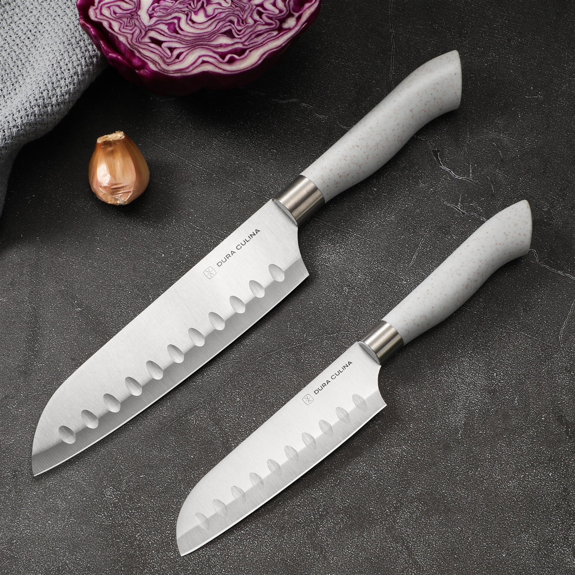EcoCut 2 Piece Santoku Knife Set With Blade Guards, Grey