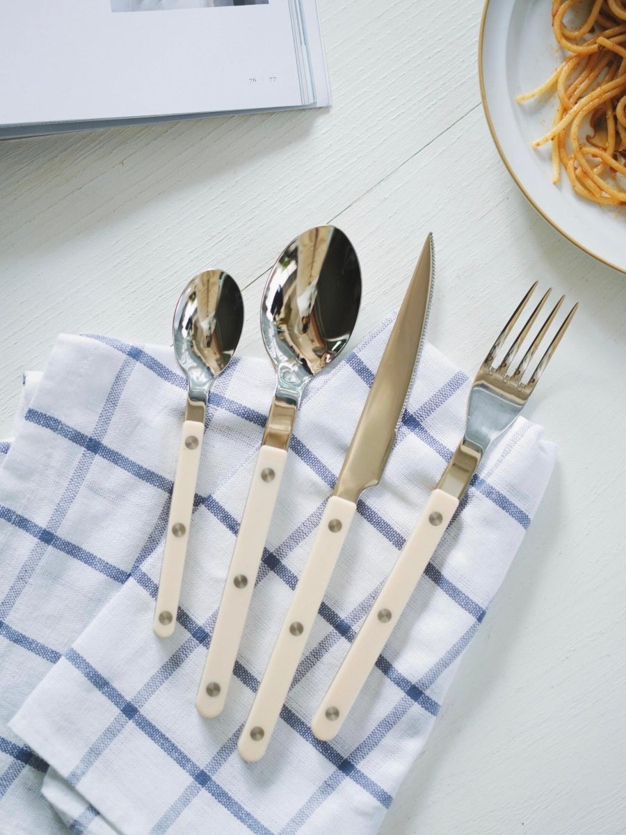 Elegant Modern Nordic Flatware Set Of 8 ( $4.9 Each ) - Bistrot Rivet Cutlery Silverware - Flatware Sets - 8 - Pcs Nordic Style Flatware Set - Ivory - Sabre Paris