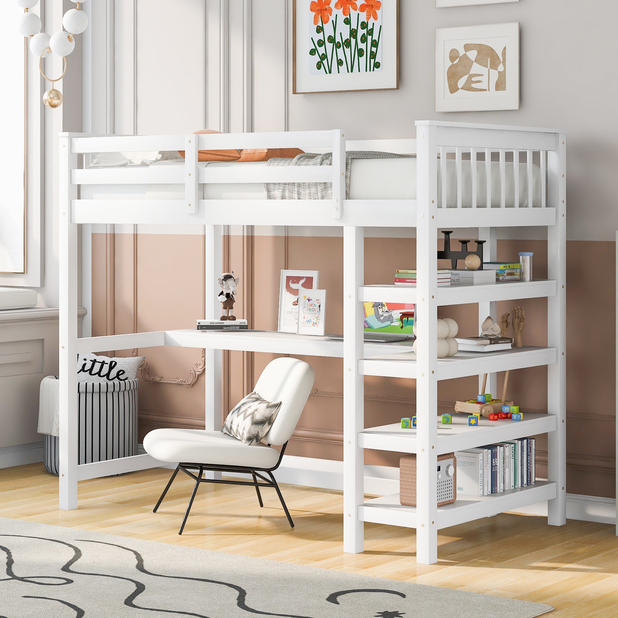 Twin Size Loft Bed with Storage Shelves and Under-bed Desk, White by 39F INC.