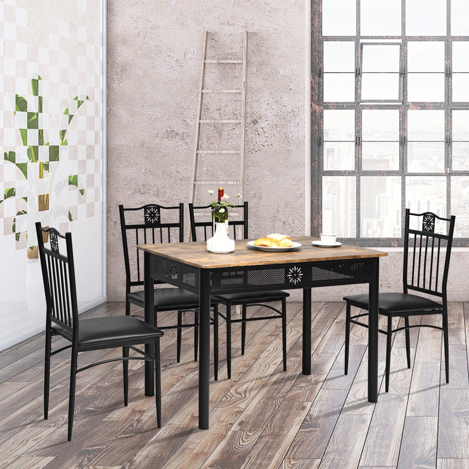 5 Piece Dining Set, Table and 4 Chairs with Cushions - Black