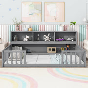 Twin Floor Bed with  Bedside Bookcase,Shelves,Guardrails,Grey by 39F INC.
