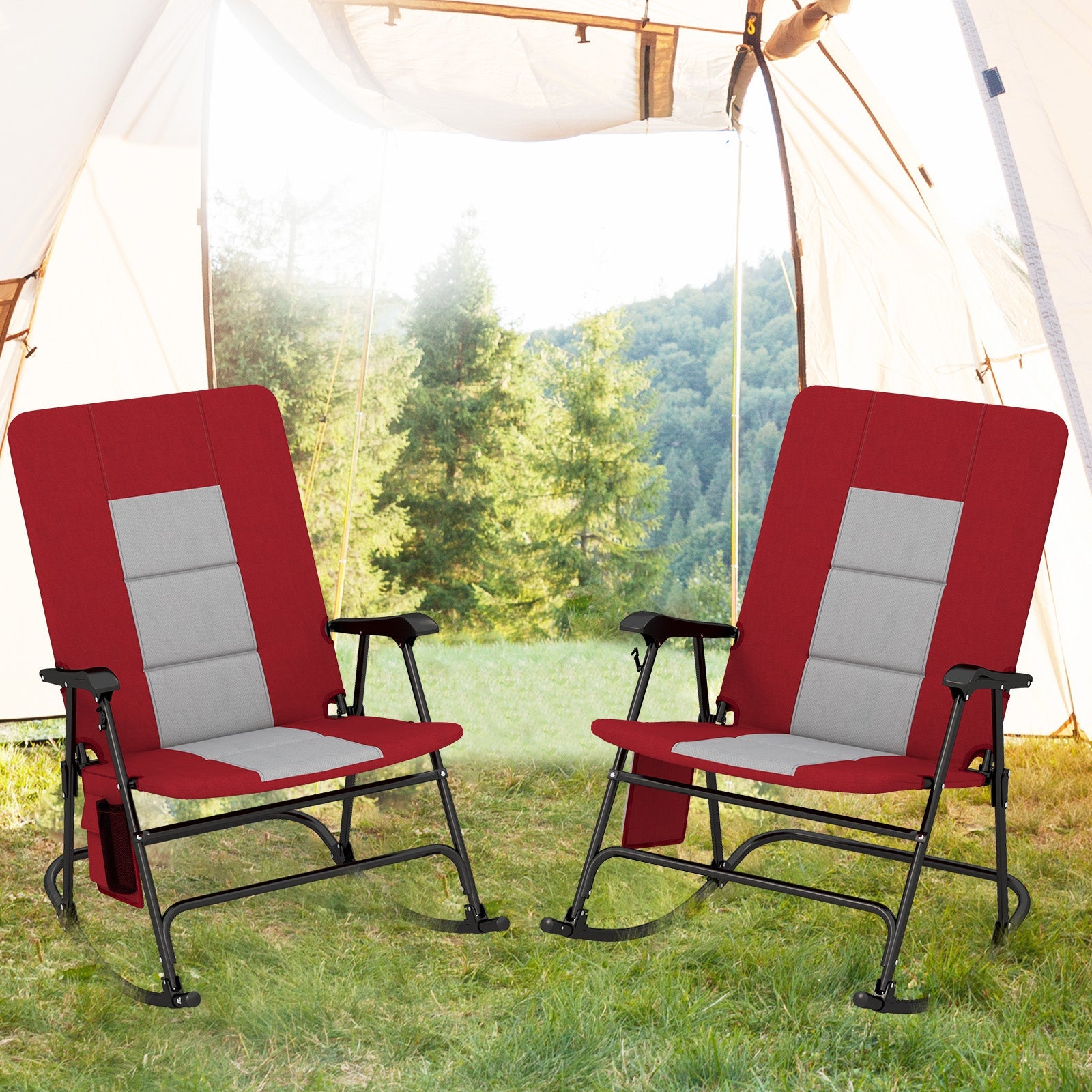 Foldable Rocking Padded Portable Camping Chair with Backrest and Armrest -Red