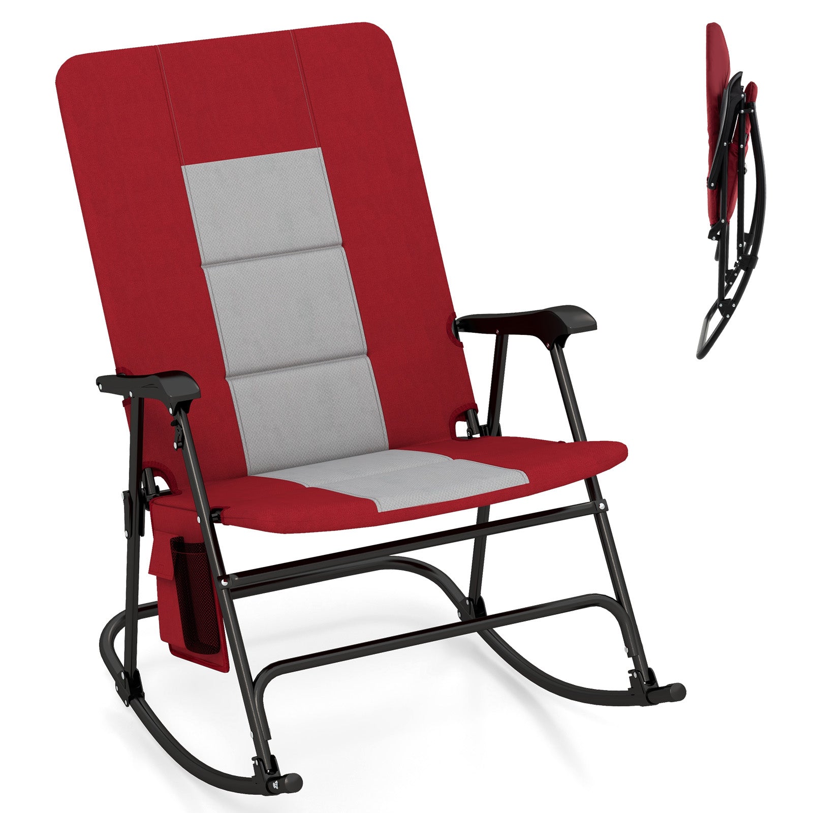 Foldable Rocking Padded Portable Camping Chair with Backrest and Armrest -Red