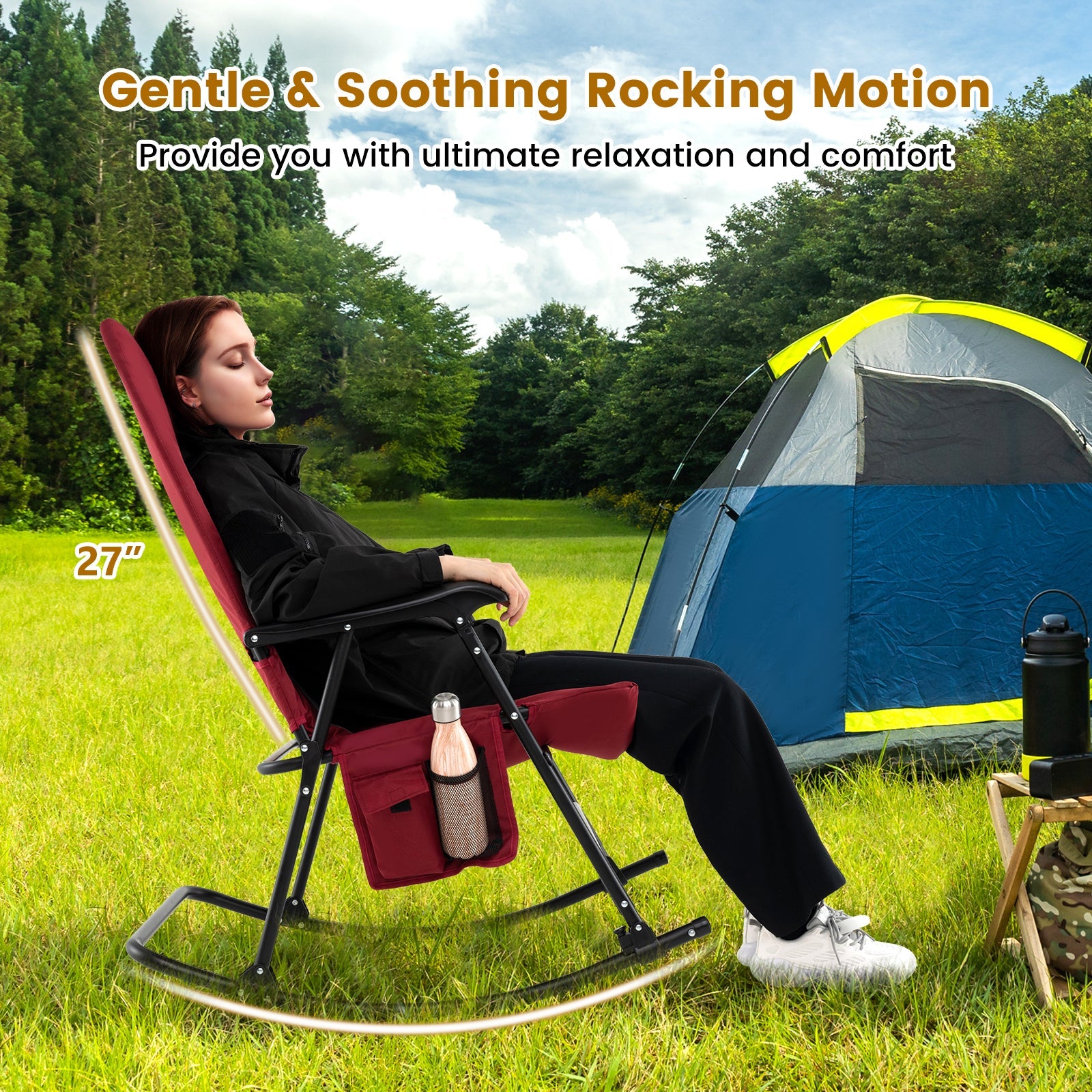 Foldable Rocking Padded Portable Camping Chair with Backrest and Armrest -Red