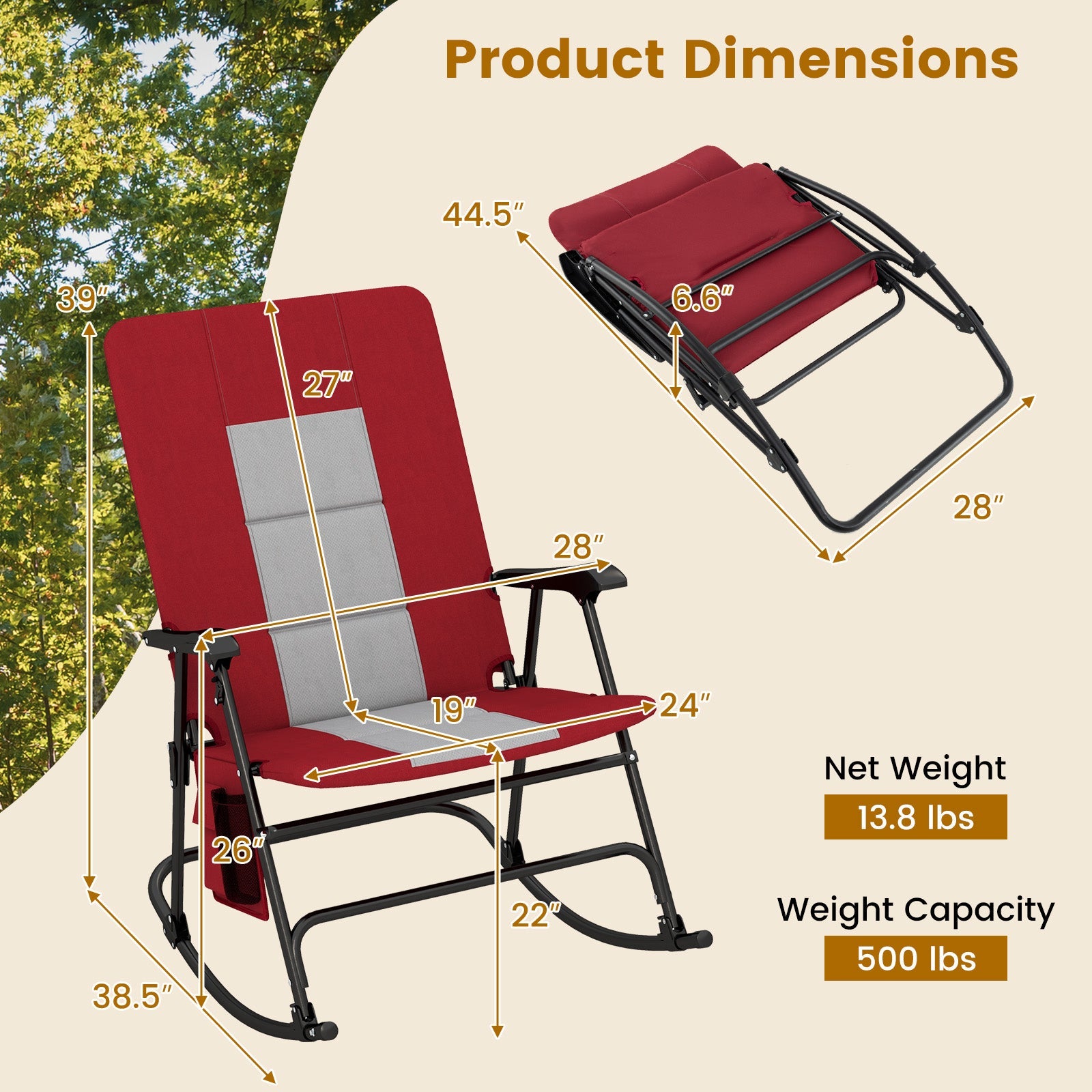 Foldable Rocking Padded Portable Camping Chair with Backrest and Armrest -Red