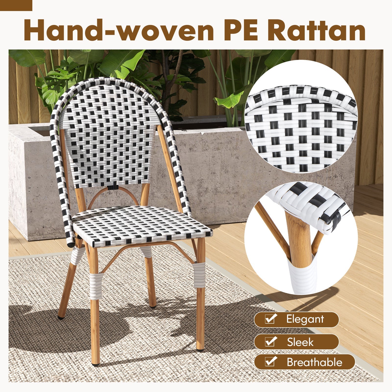 French Bistro Chair Set of 2 with Galvanized Metal Frame - White