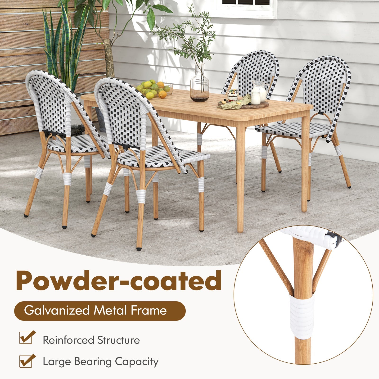 French Bistro Chair Set of 2 with Galvanized Metal Frame - White